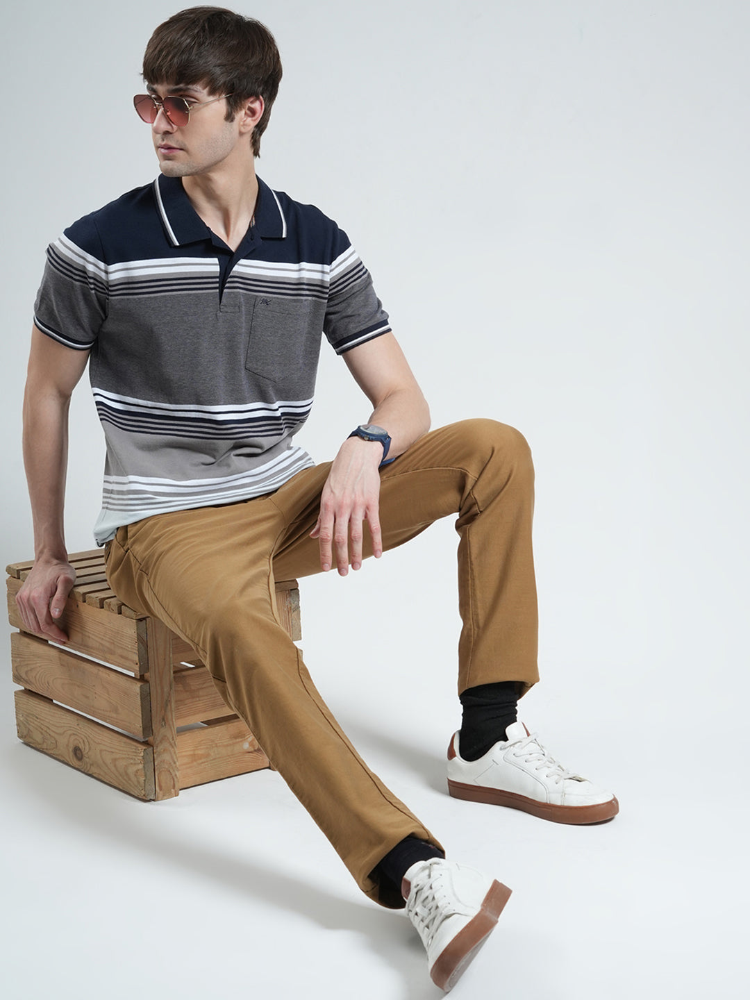 Men Navy Blue Stripe Collar Half Sleeve T-Shirt