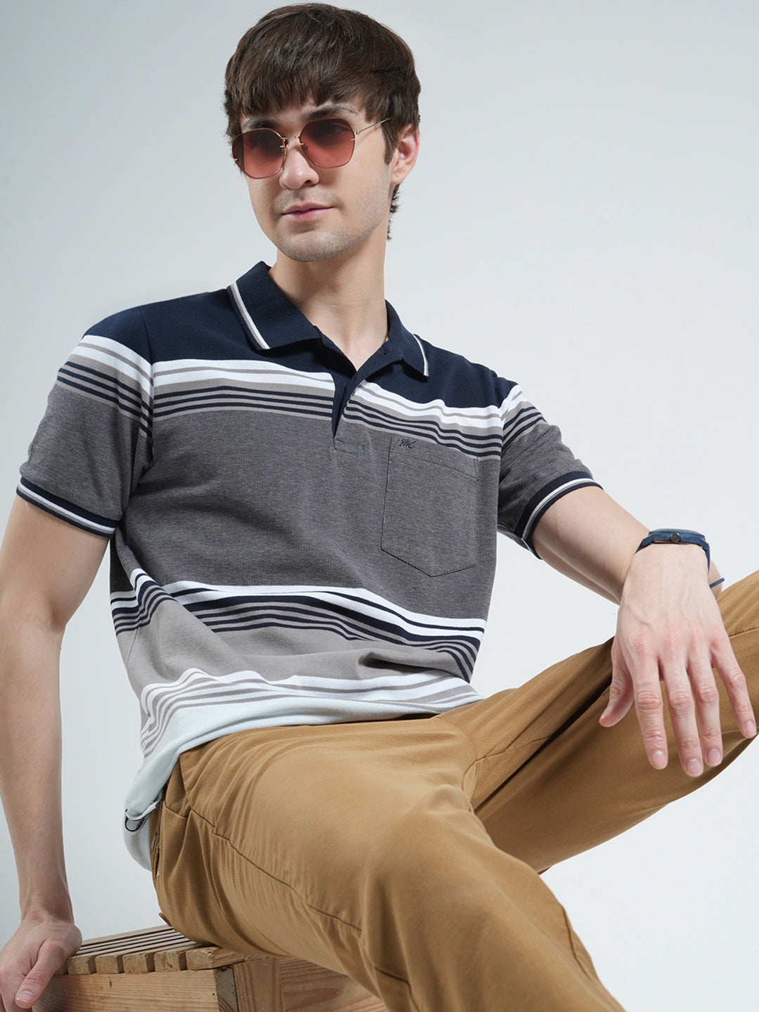 Men Navy Blue Stripe Collar Half Sleeve T-Shirt