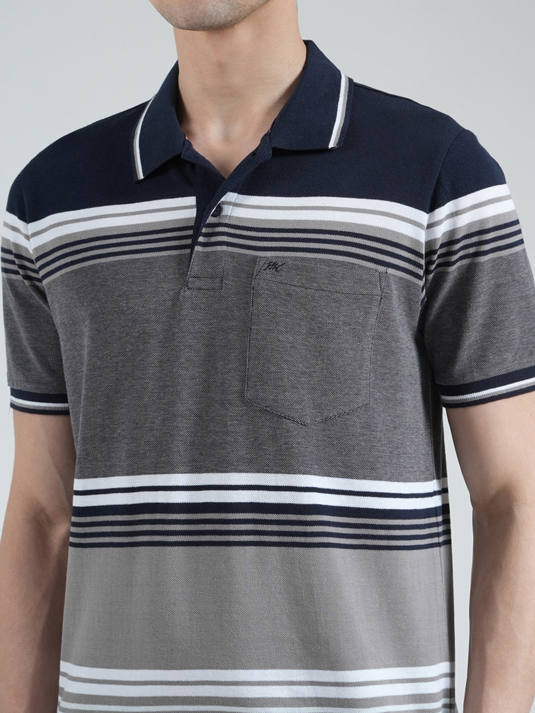 Men Navy Blue Stripe Collar Half Sleeve T-Shirt