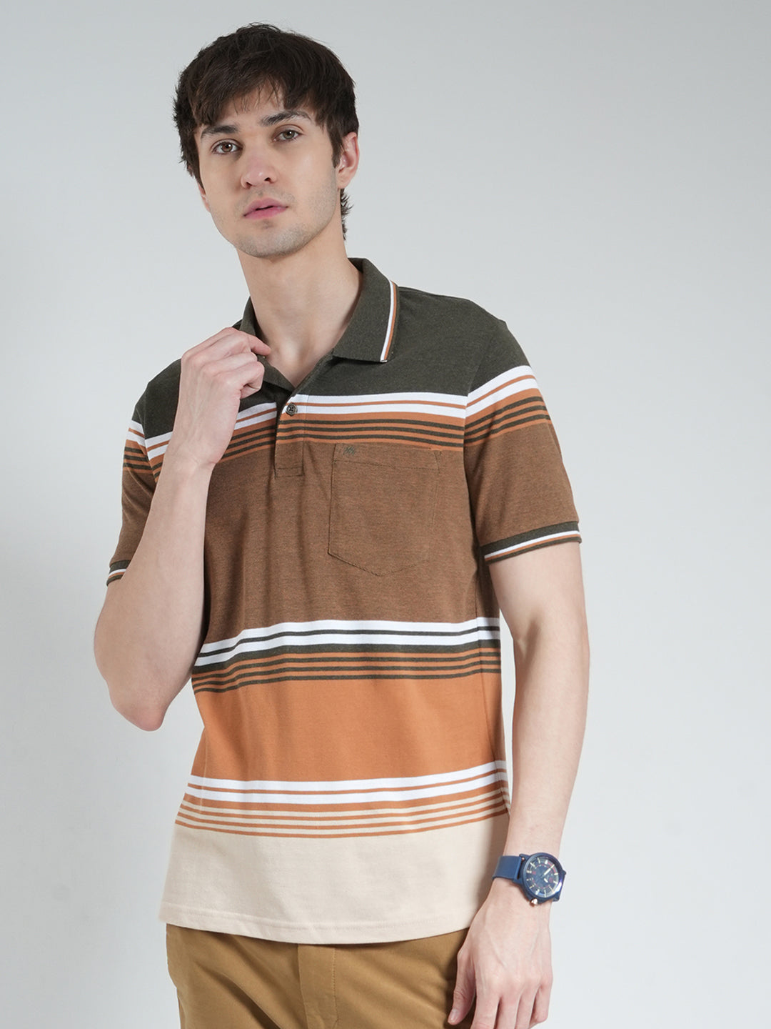 Men Olive Stripe Collar Half Sleeve T-Shirt