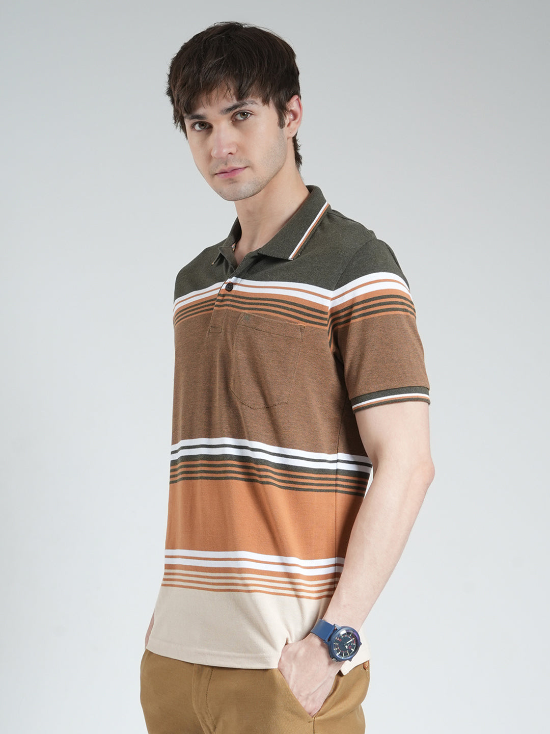 Men Olive Stripe Collar Half Sleeve T-Shirt