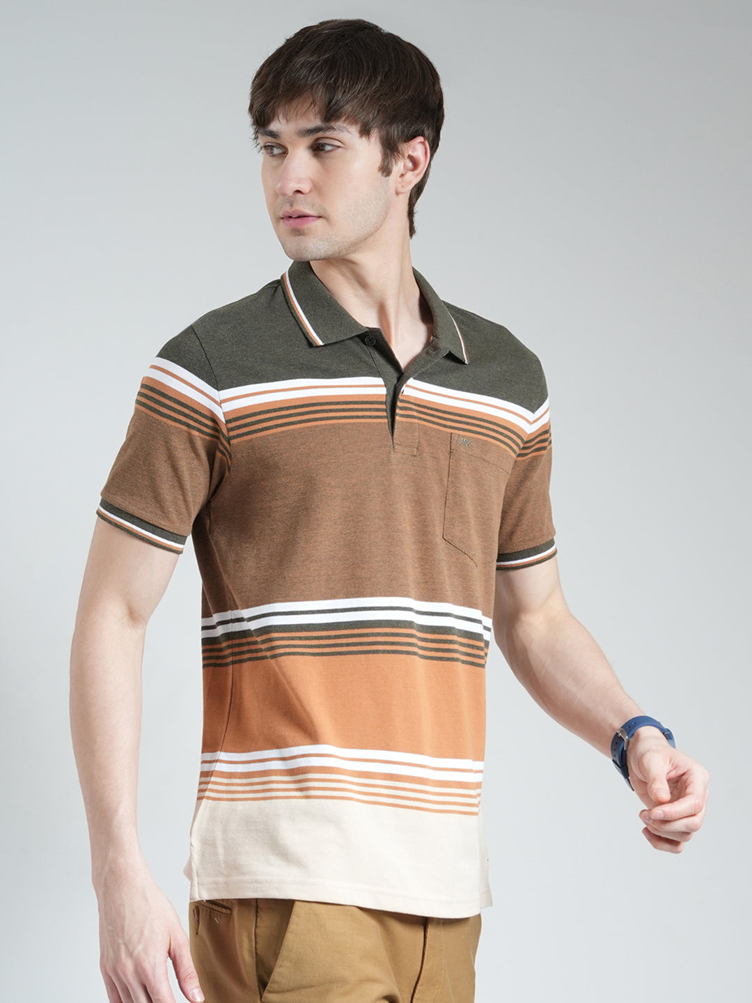Men Olive Stripe Collar Half Sleeve T-Shirt