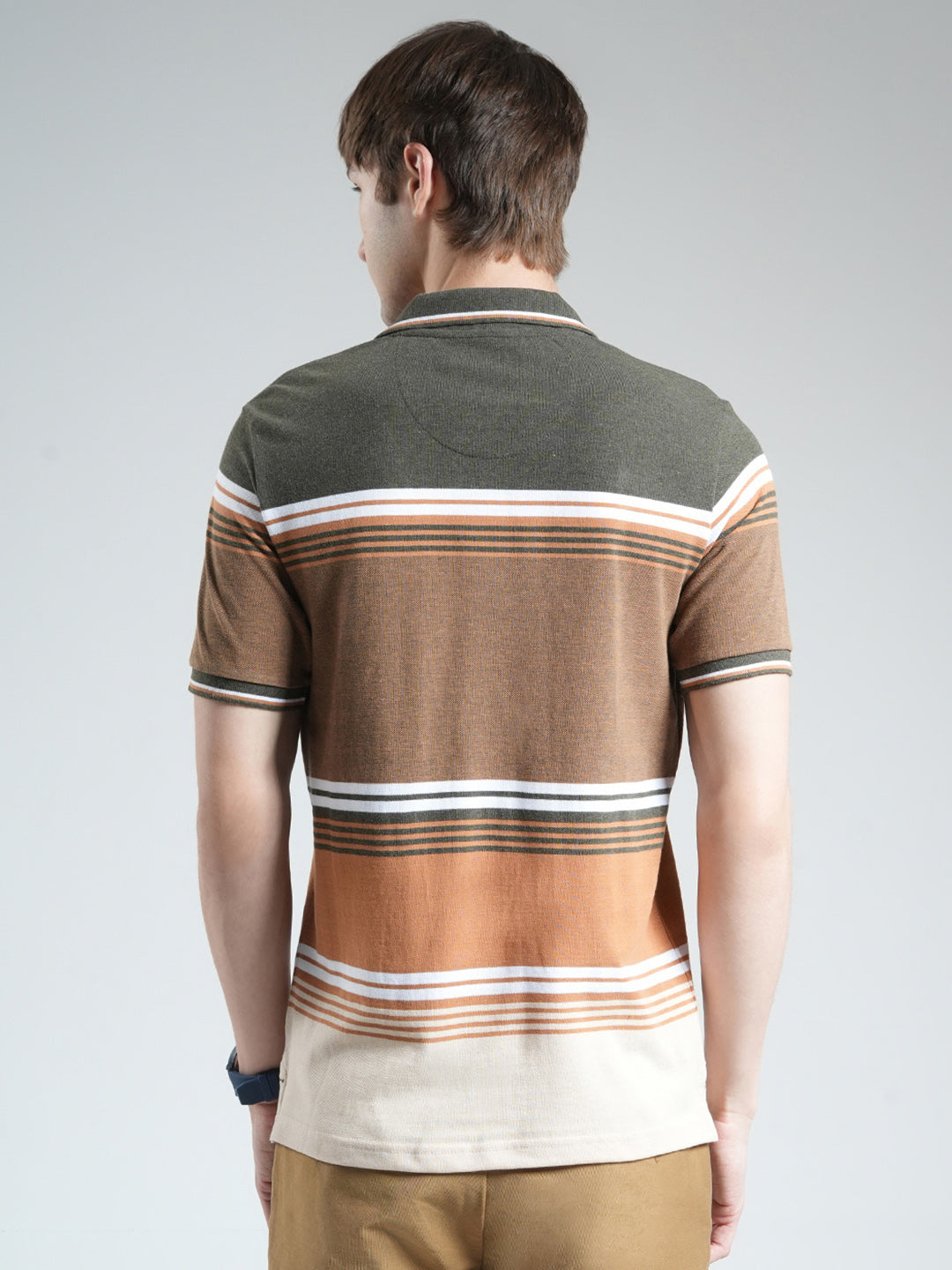 Men Olive Stripe Collar Half Sleeve T-Shirt