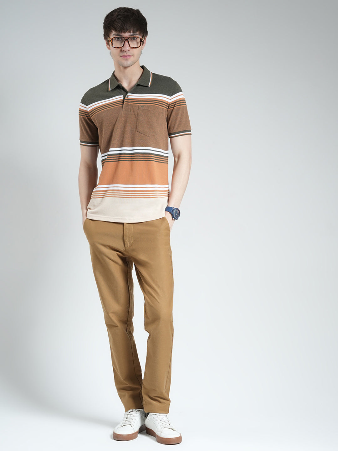 Men Olive Stripe Collar Half Sleeve T-Shirt