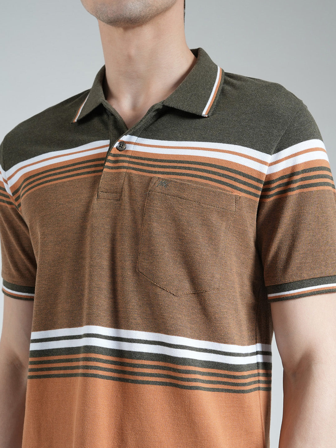 Men Olive Stripe Collar Half Sleeve T-Shirt