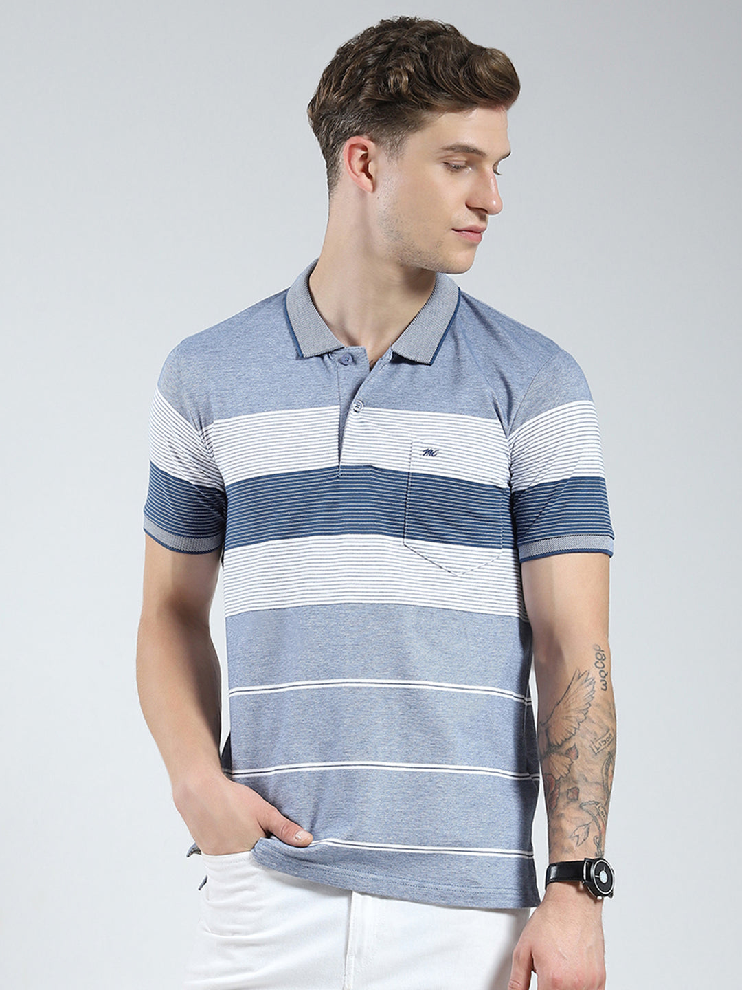 Men Blue Stripe Collar Half Sleeve T-Shirt