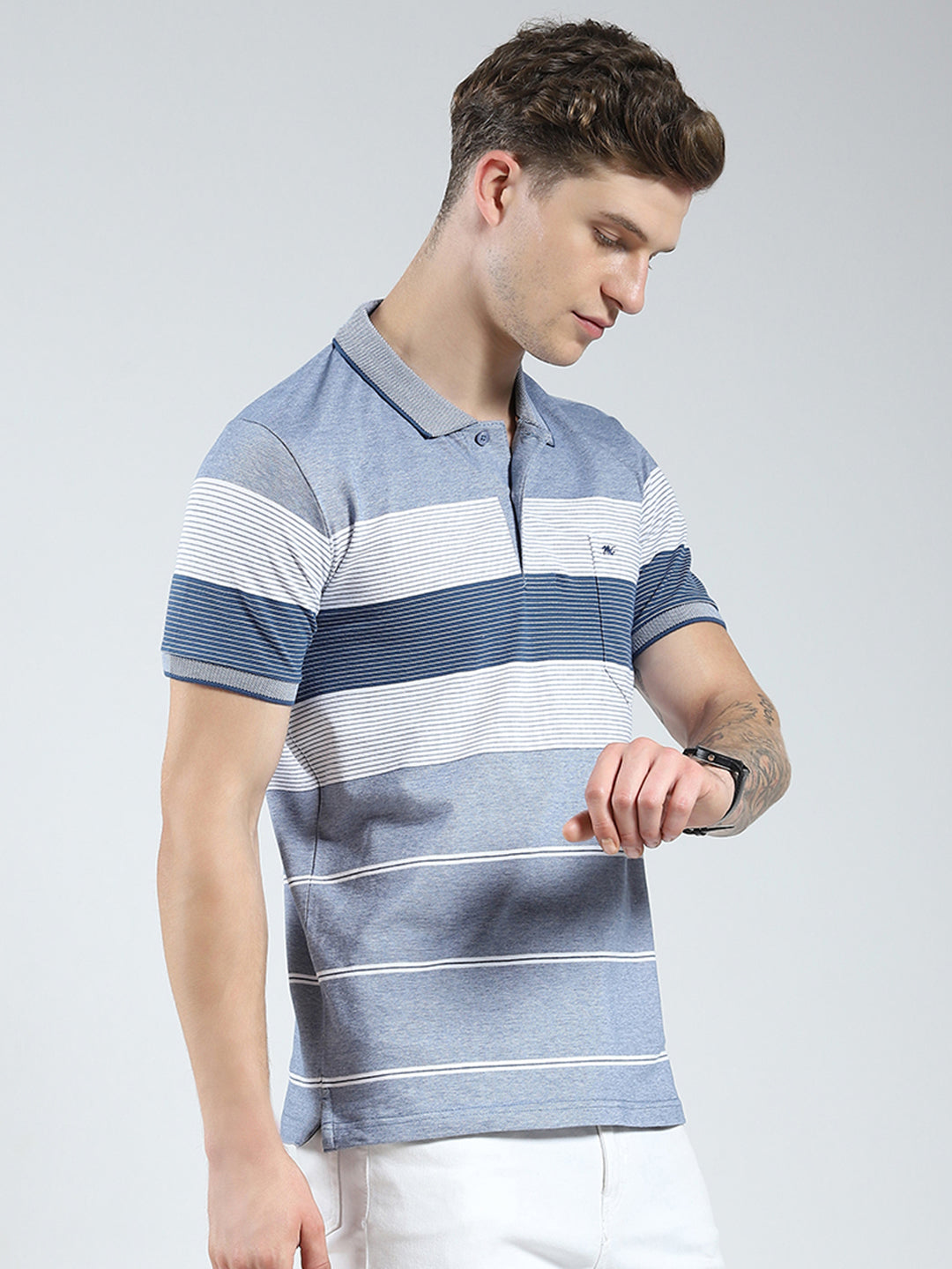 Men Blue Stripe Collar Half Sleeve T-Shirt
