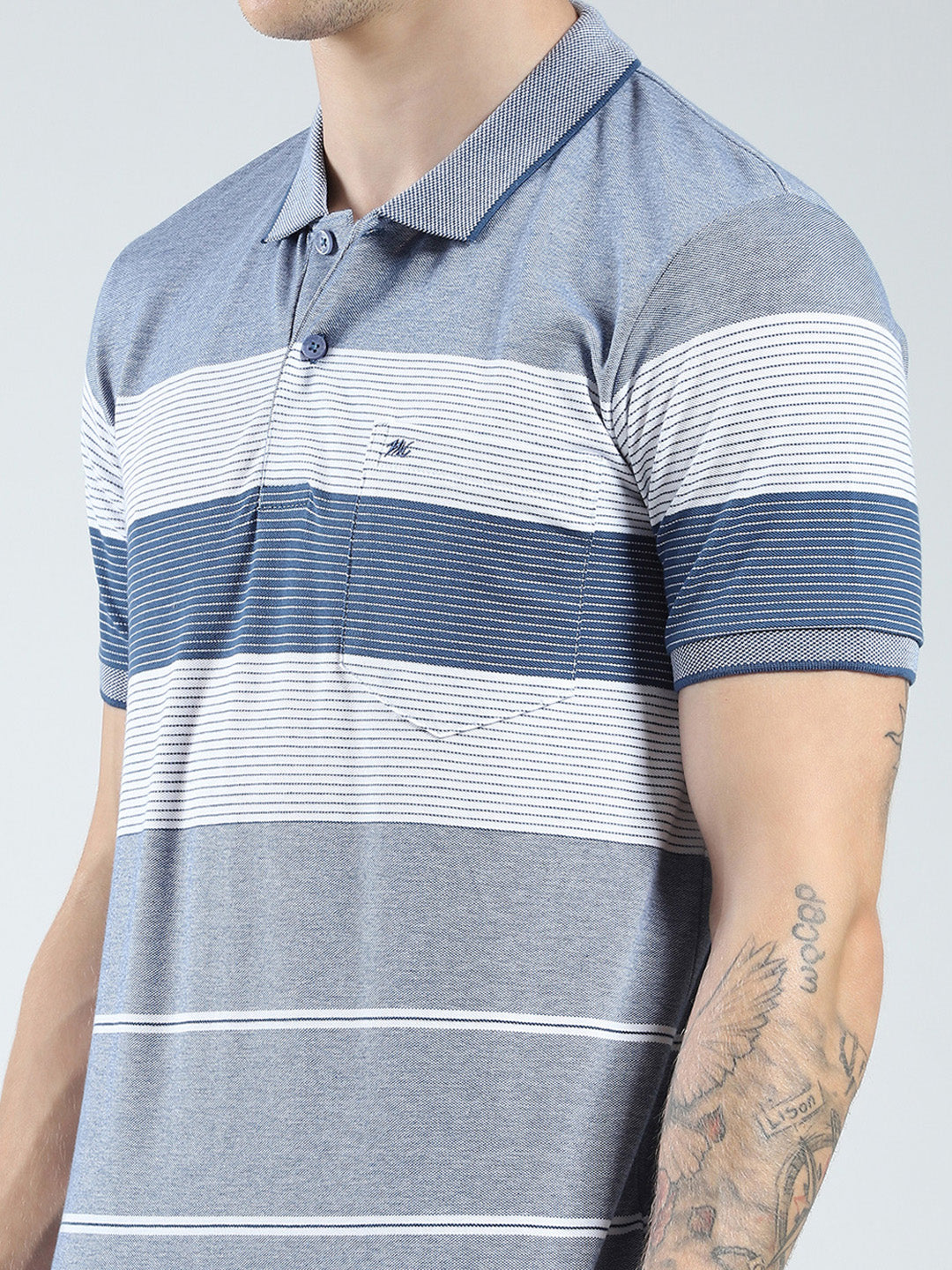 Men Blue Stripe Collar Half Sleeve T-Shirt