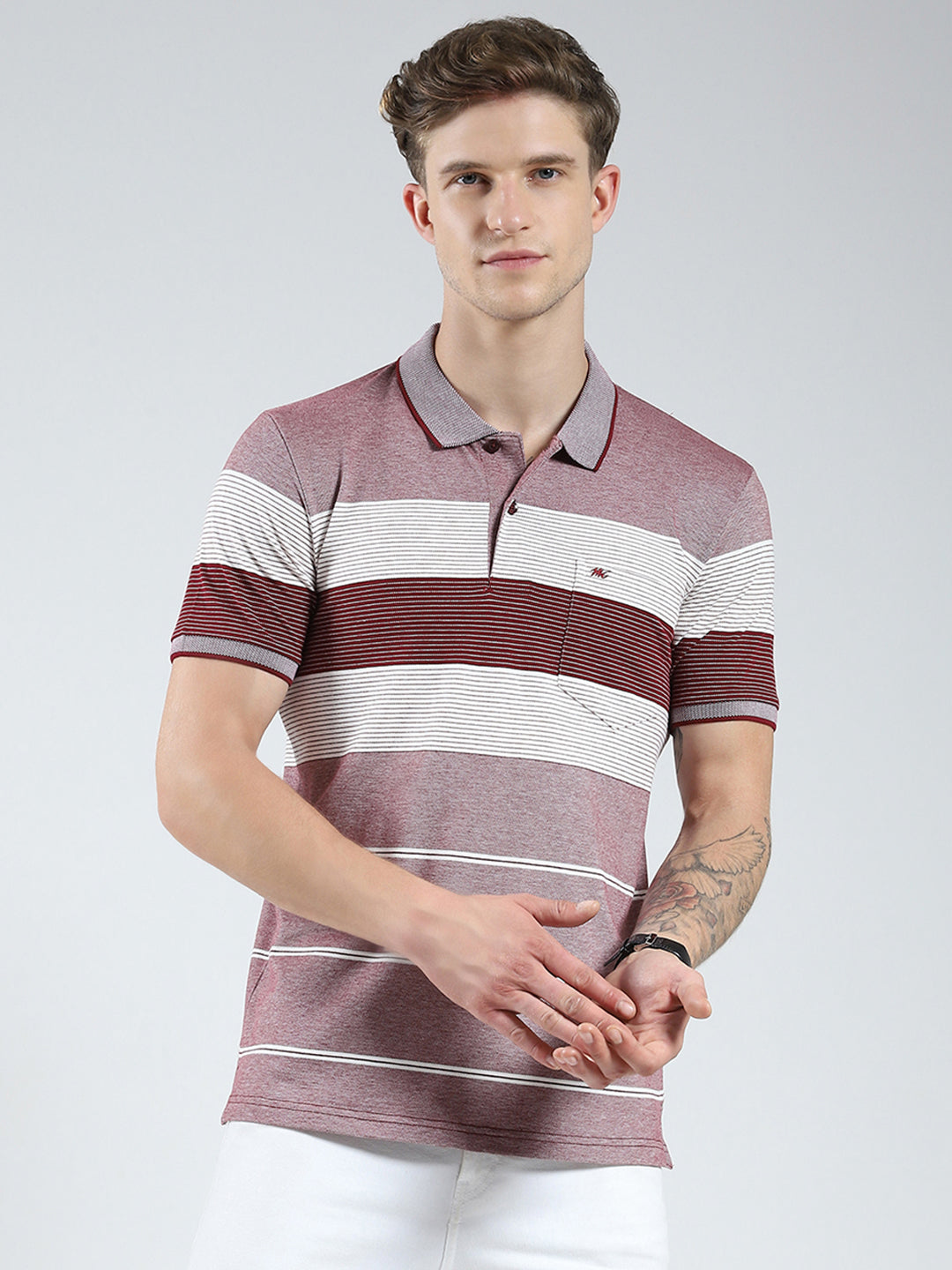 Men Maroon Stripe Collar Half Sleeve T-Shirt