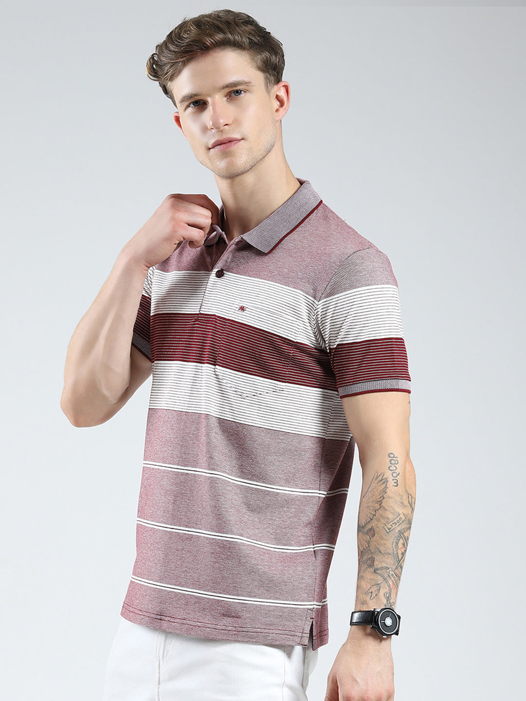 Men Maroon Stripe Collar Half Sleeve T-Shirt