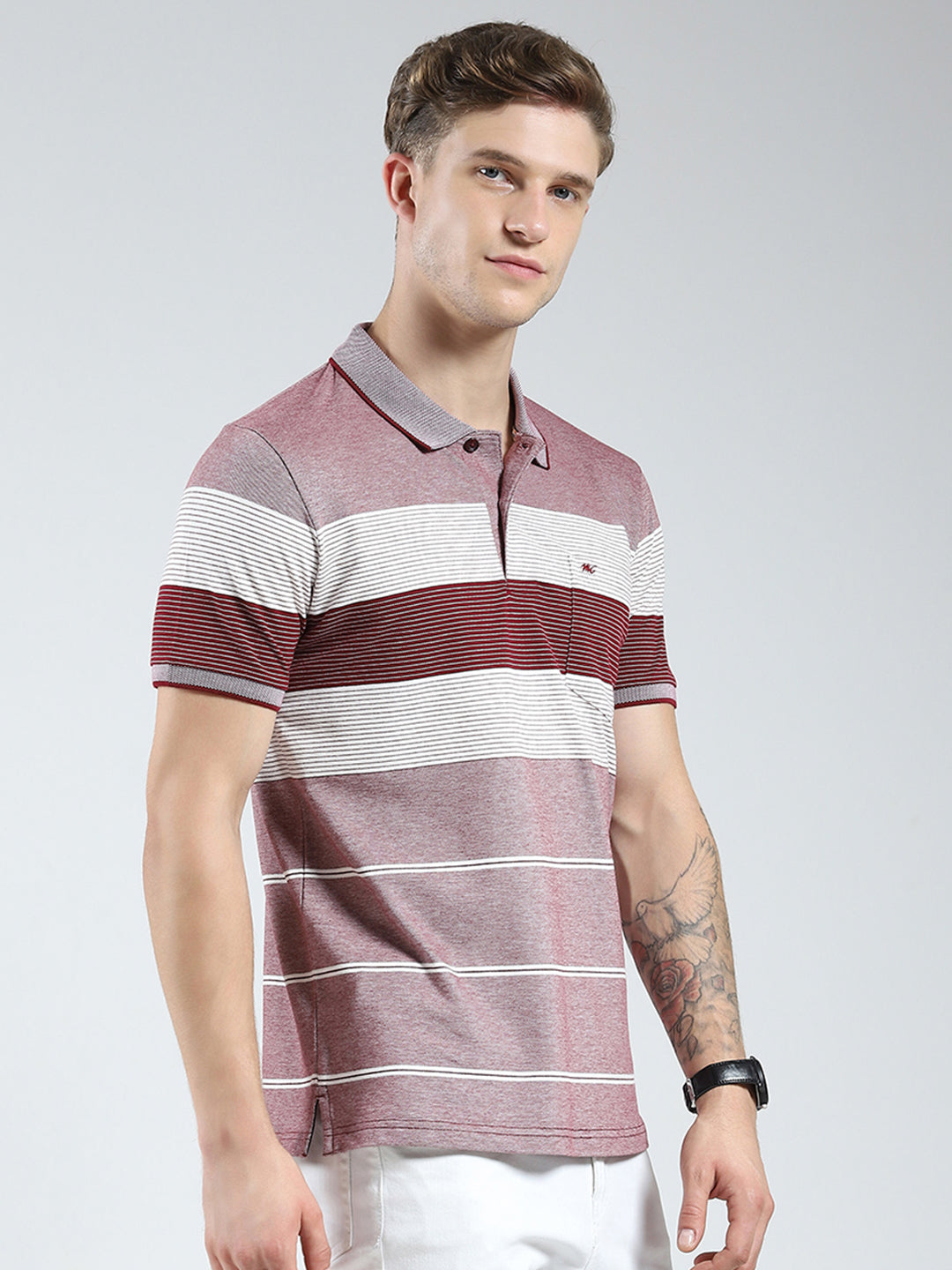 Men Maroon Stripe Collar Half Sleeve T-Shirt