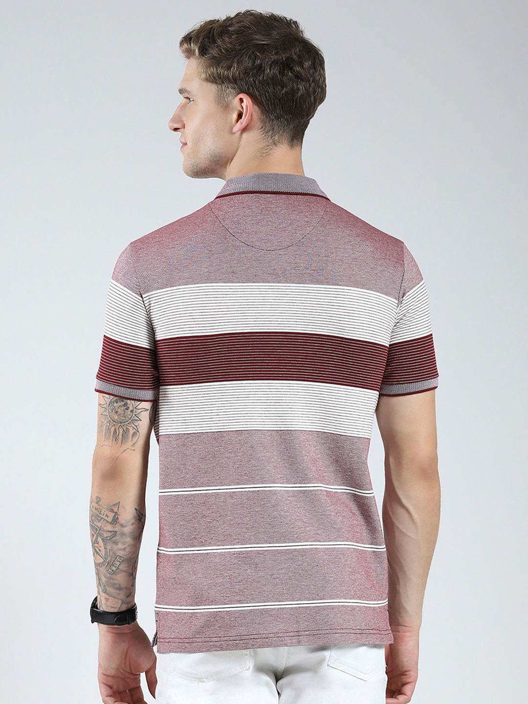 Men Maroon Stripe Collar Half Sleeve T-Shirt