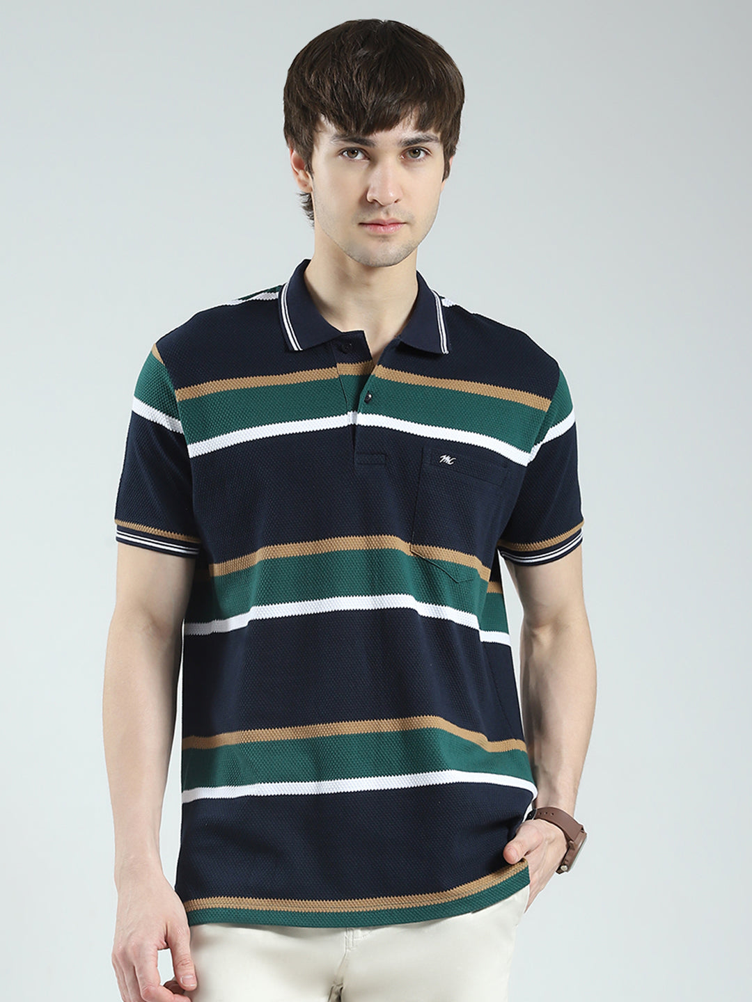Men Navy Blue Stripe Collar Half Sleeve T-Shirt