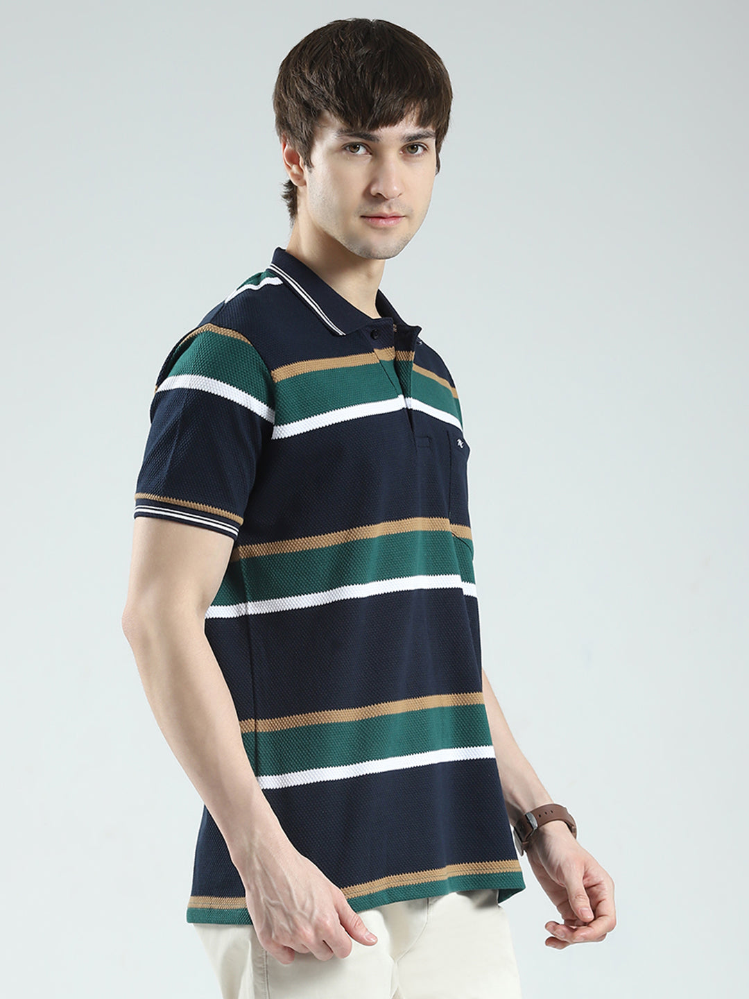 Men Navy Blue Stripe Collar Half Sleeve T-Shirt