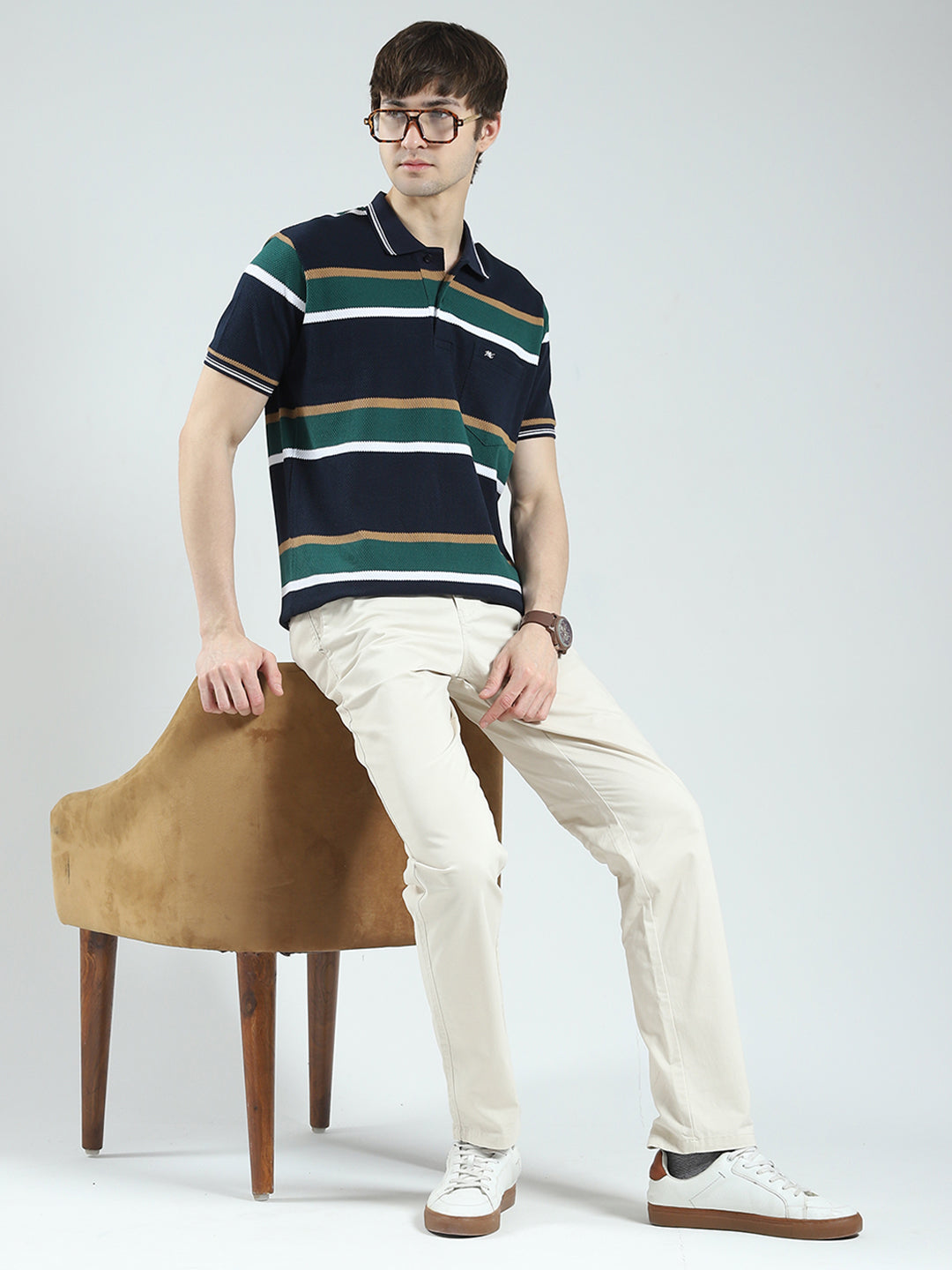 Men Navy Blue Stripe Collar Half Sleeve T-Shirt