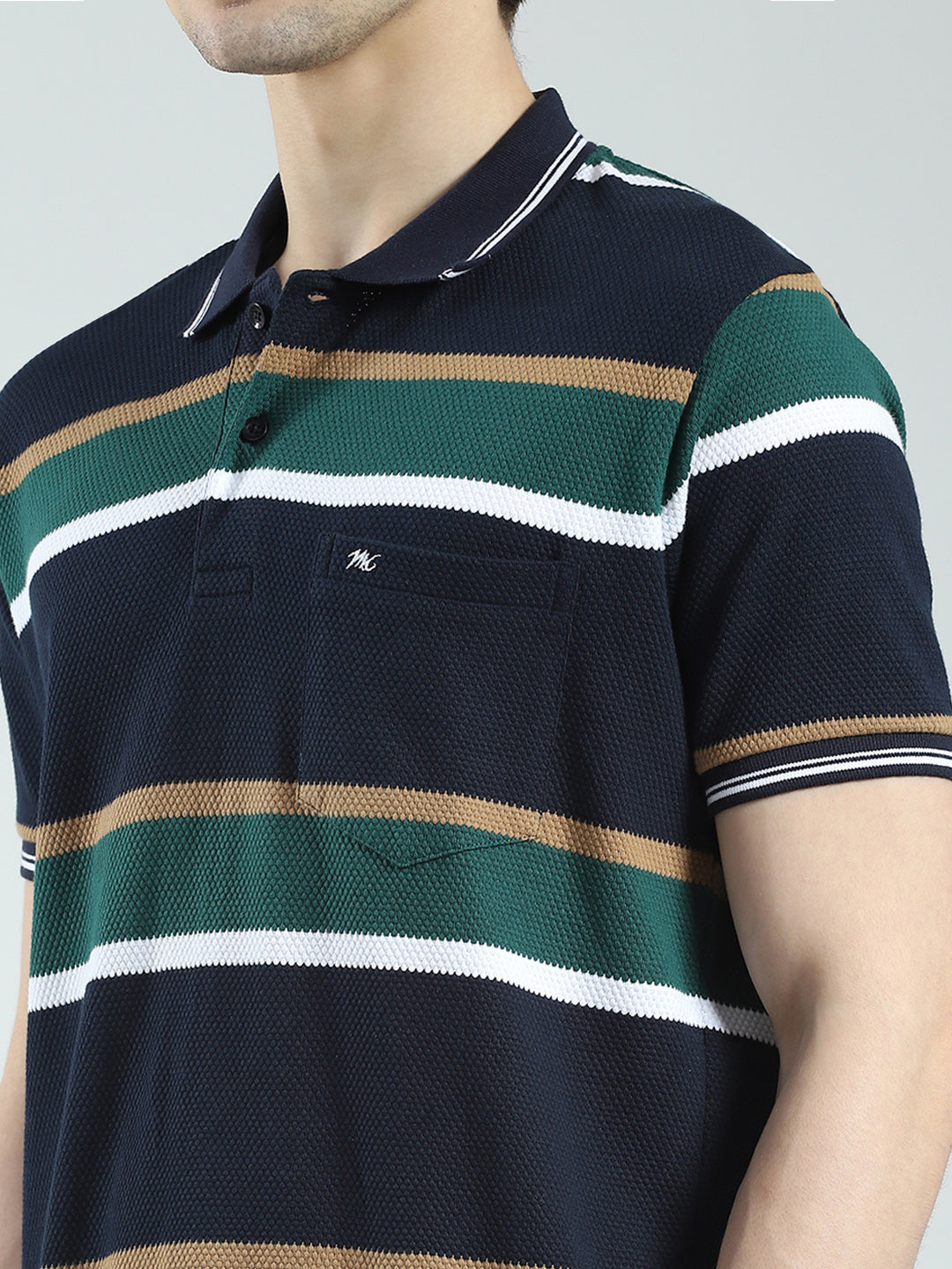 Men Navy Blue Stripe Collar Half Sleeve T-Shirt