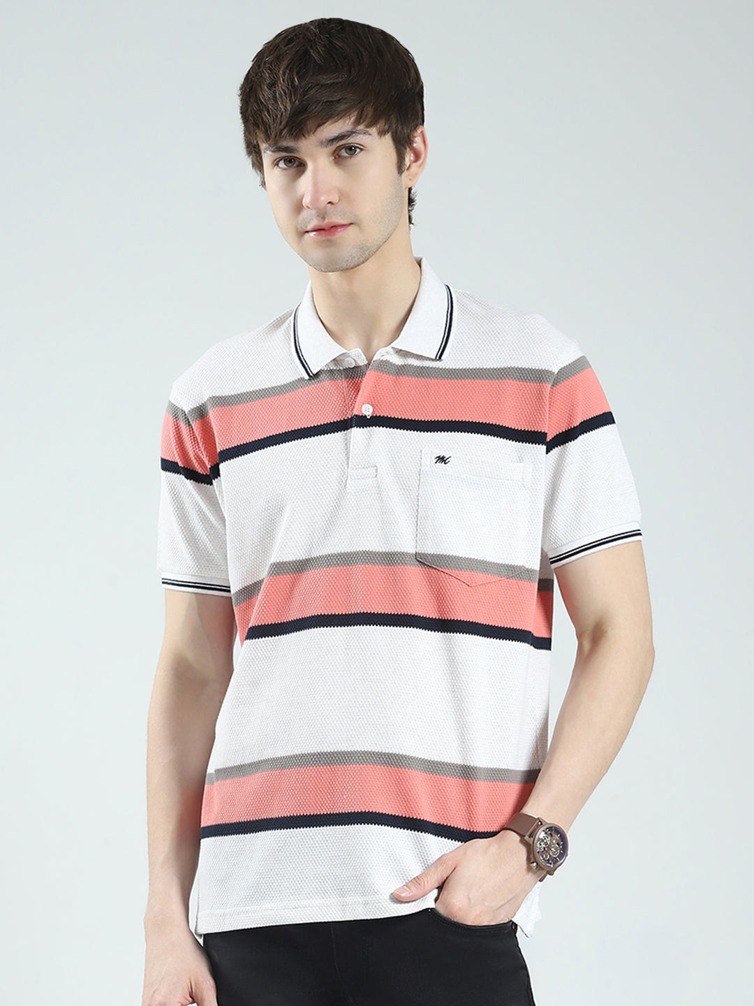 Men White & Orange Stripe Collar Half Sleeve T-Shirt
