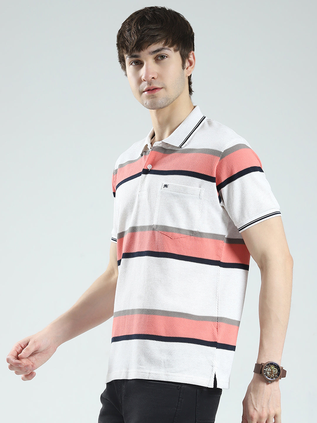 Men White & Orange Stripe Collar Half Sleeve T-Shirt