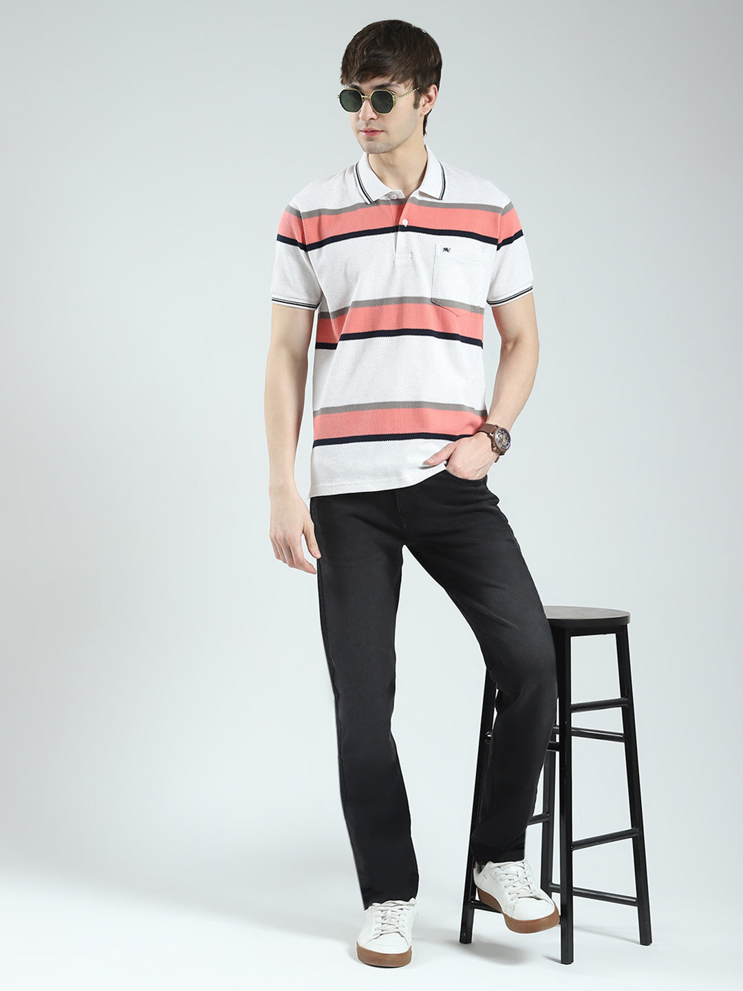 Men White & Orange Stripe Collar Half Sleeve T-Shirt