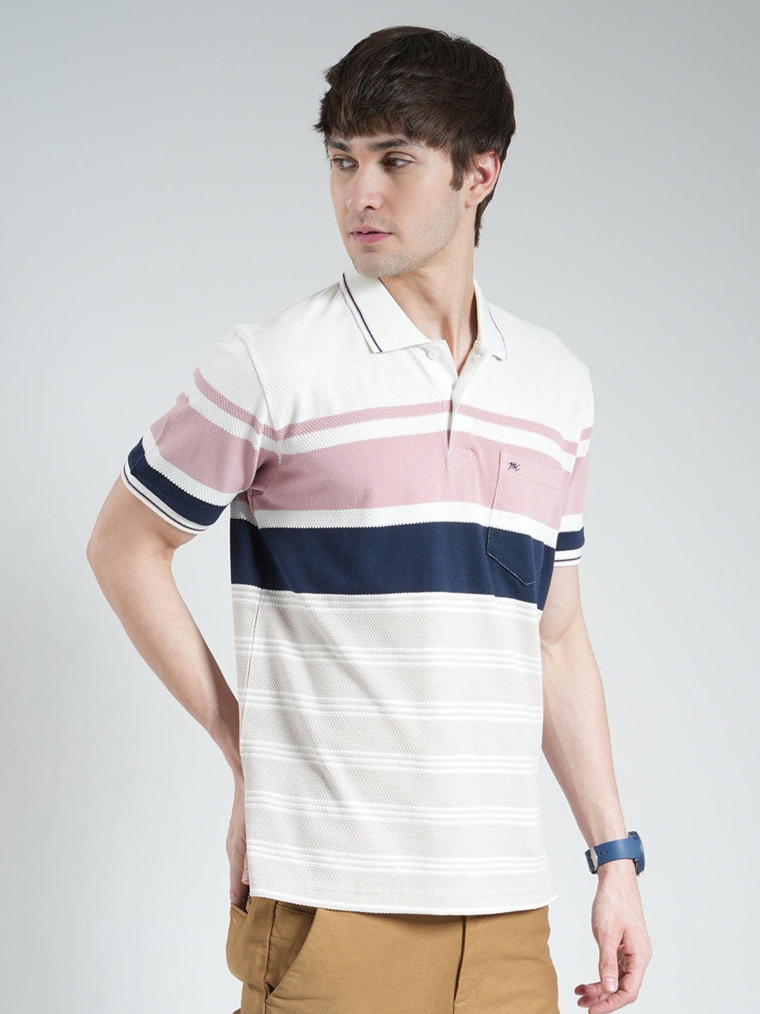 Men White & Pink Stripe Collar Half Sleeve T-Shirt