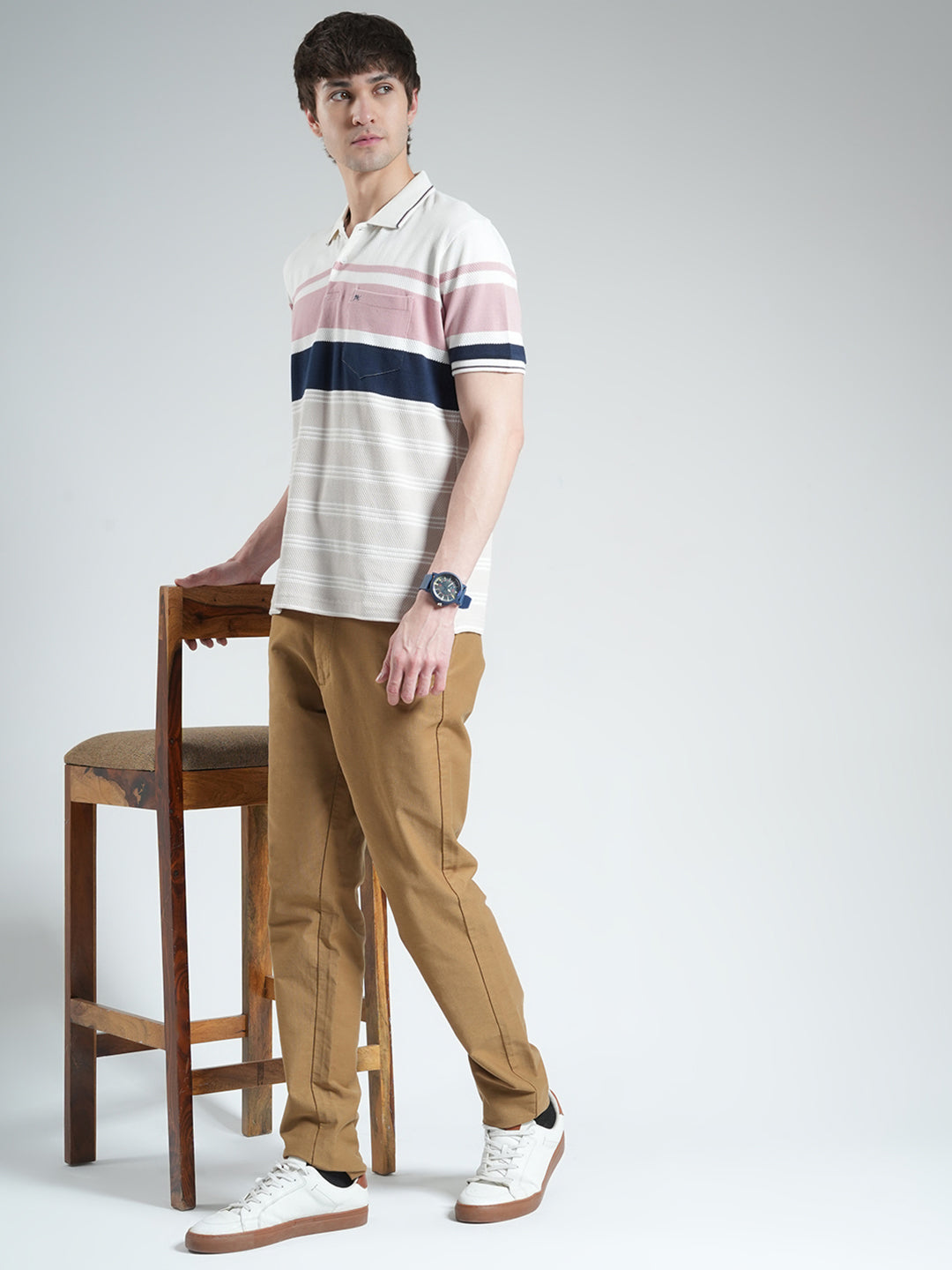 Men White & Pink Stripe Collar Half Sleeve T-Shirt