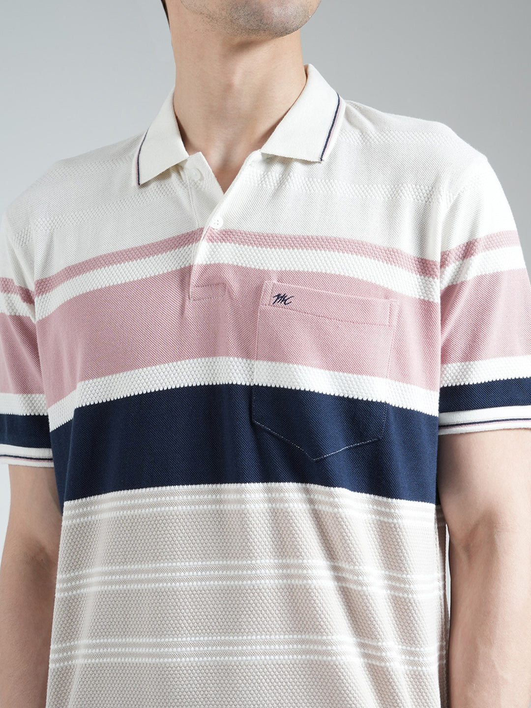 Men White & Pink Stripe Collar Half Sleeve T-Shirt