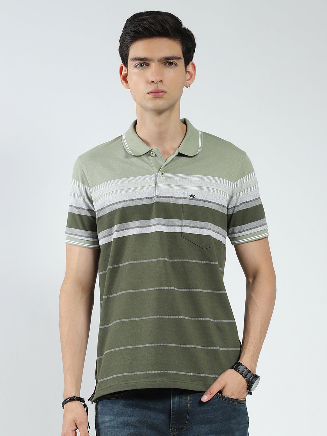 Men Olive Stripe Collar Half Sleeve T-Shirt