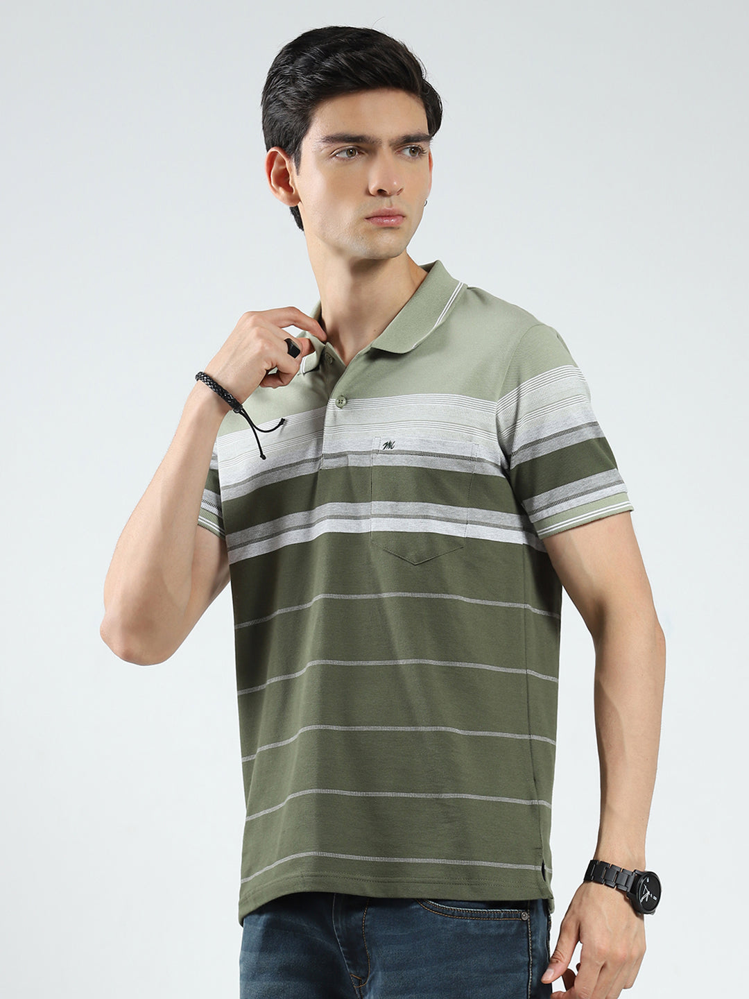 Men Olive Stripe Collar Half Sleeve T-Shirt
