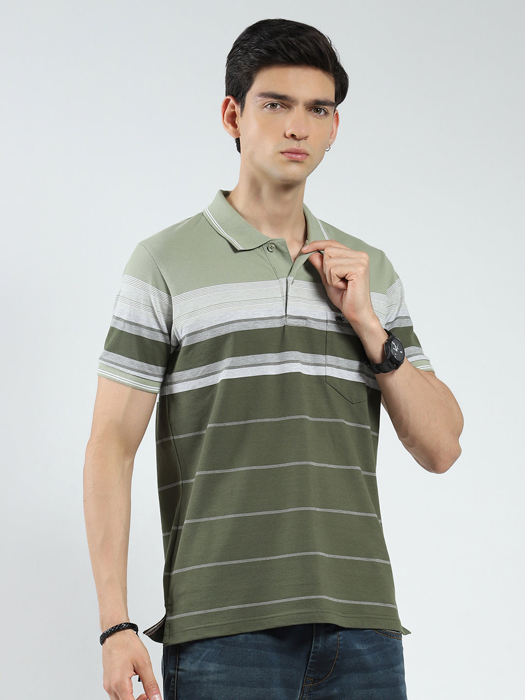 Men Olive Stripe Collar Half Sleeve T-Shirt
