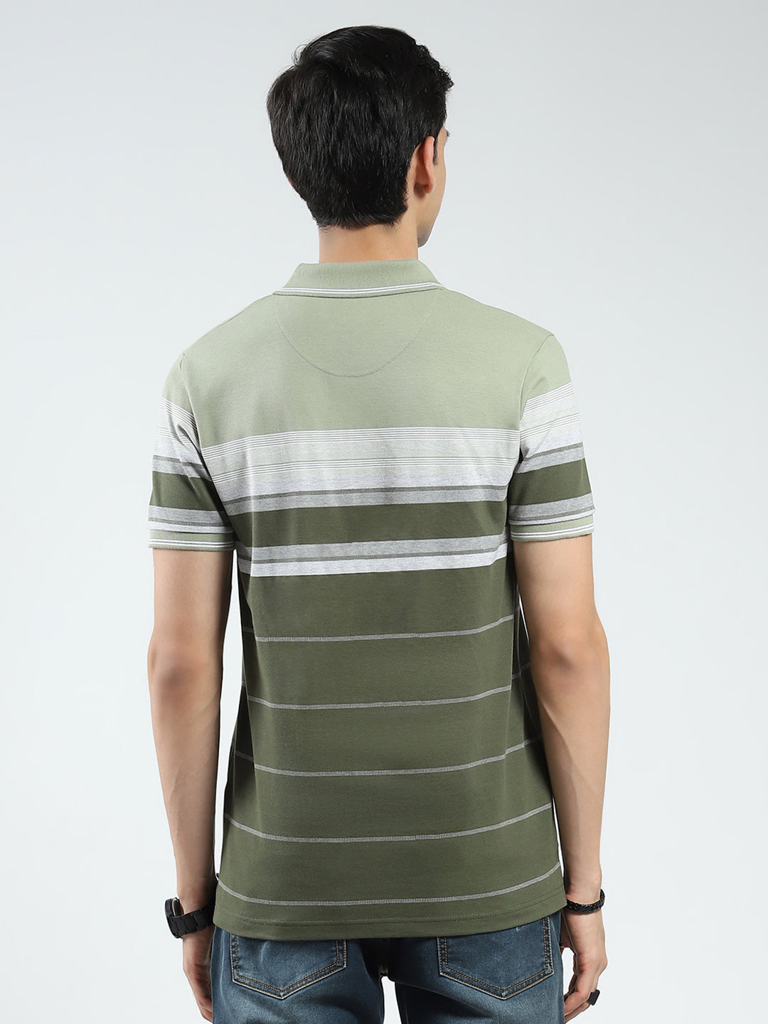 Men Olive Stripe Collar Half Sleeve T-Shirt