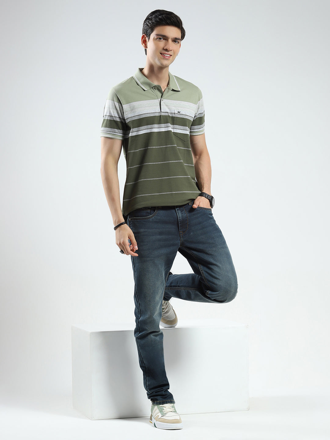 Men Olive Stripe Collar Half Sleeve T-Shirt