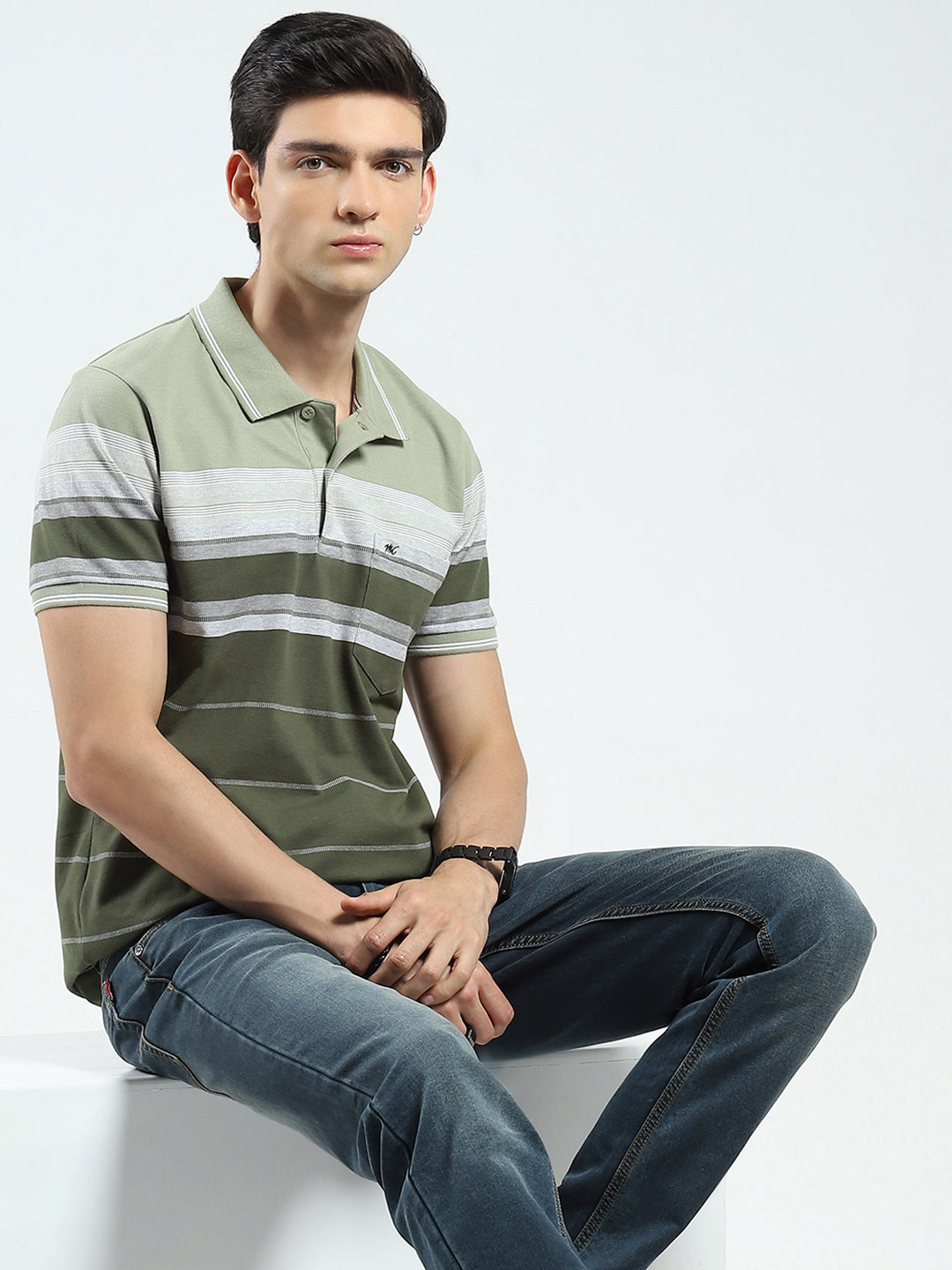 Men Olive Stripe Collar Half Sleeve T-Shirt