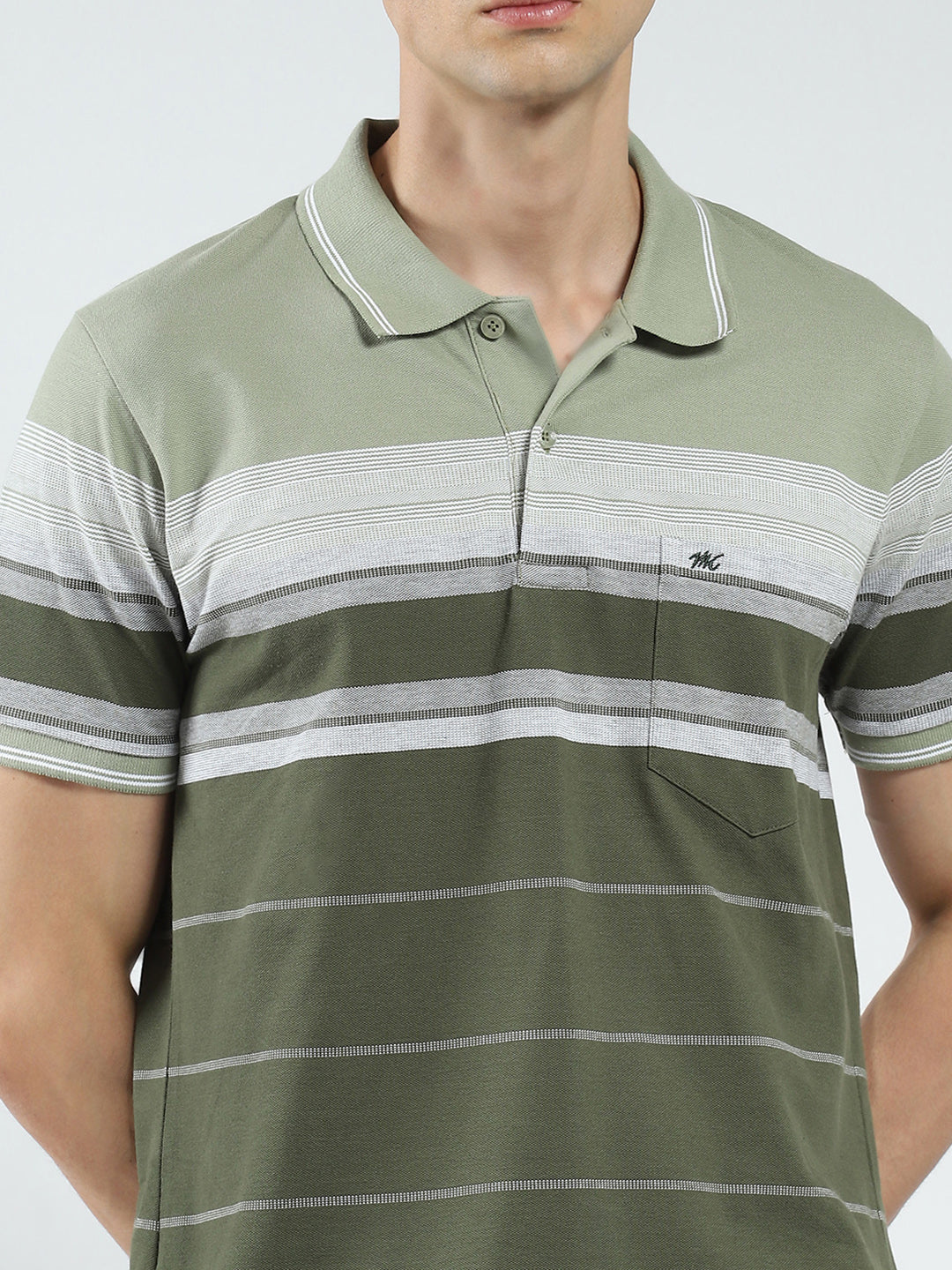 Men Olive Stripe Collar Half Sleeve T-Shirt