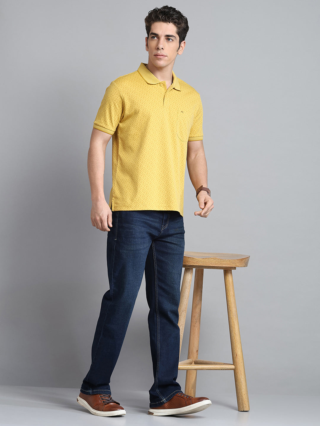 Men Yellow Printed Collar Half Sleeve T-Shirt