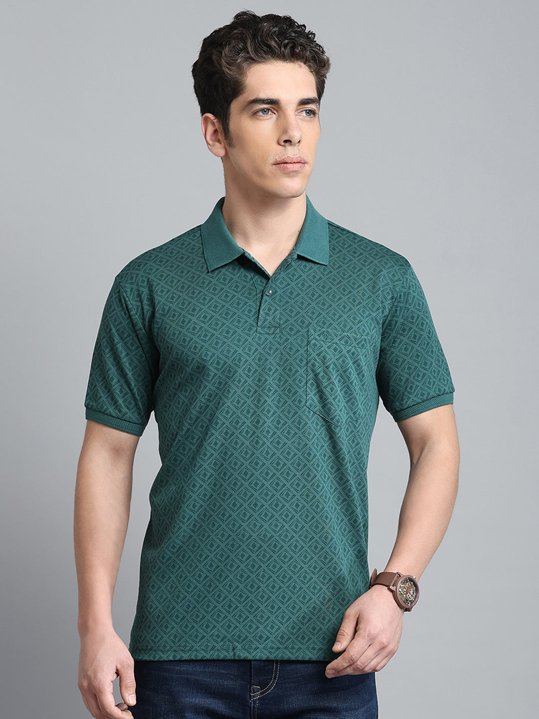 Men Green Printed Collar Half Sleeve T-Shirt