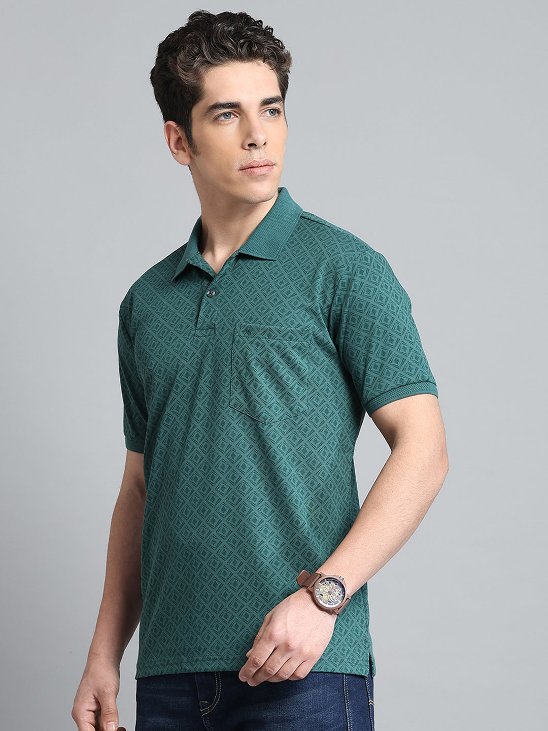 Men Green Printed Collar Half Sleeve T-Shirt