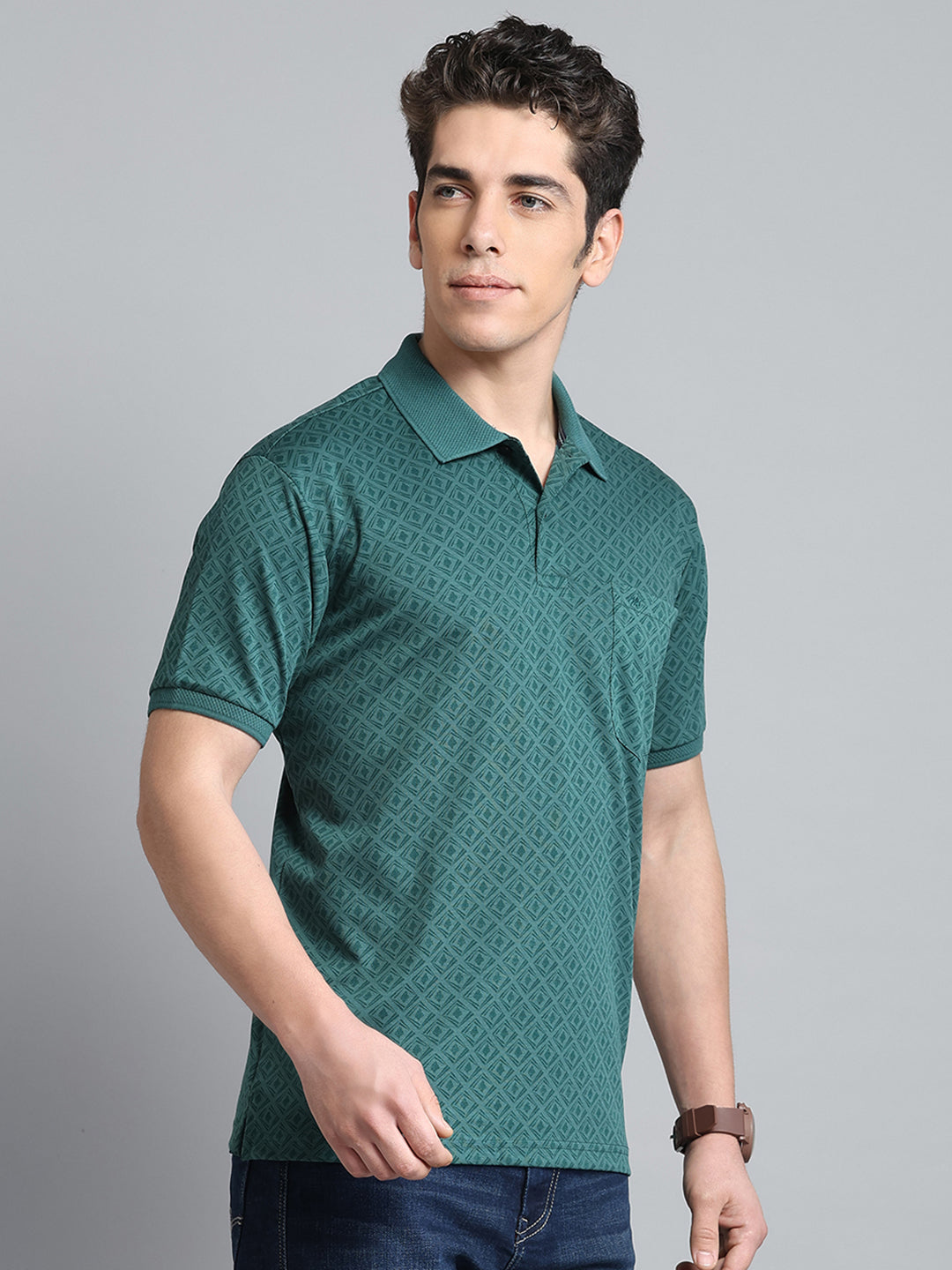 Men Green Printed Collar Half Sleeve T-Shirt