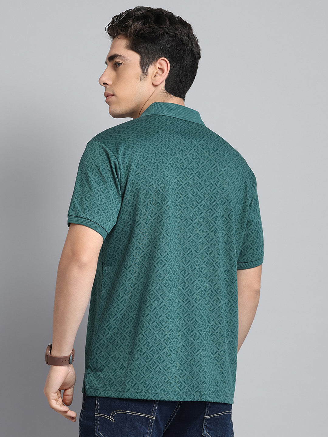 Men Green Printed Collar Half Sleeve T-Shirt