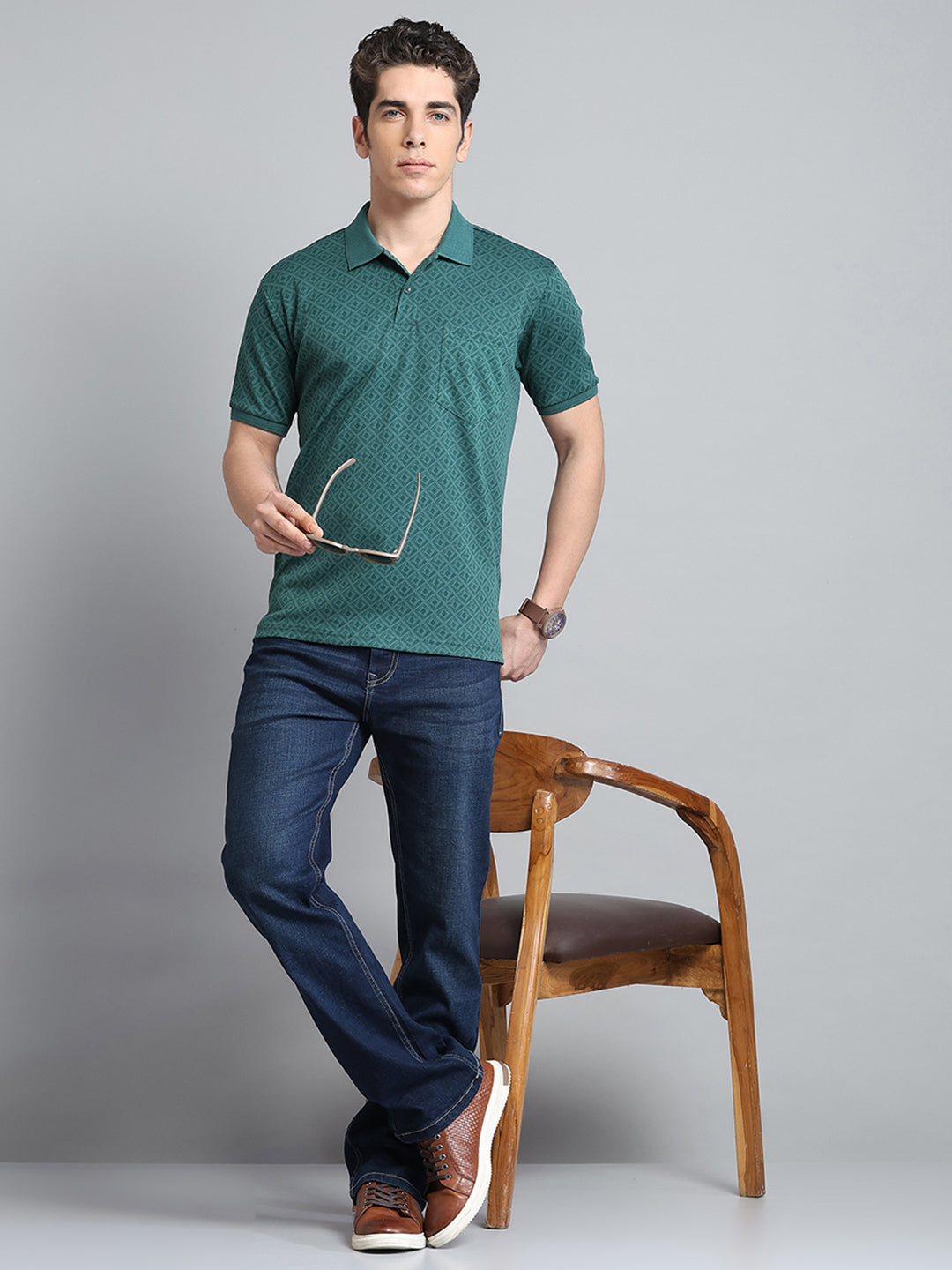 Men Green Printed Collar Half Sleeve T-Shirt