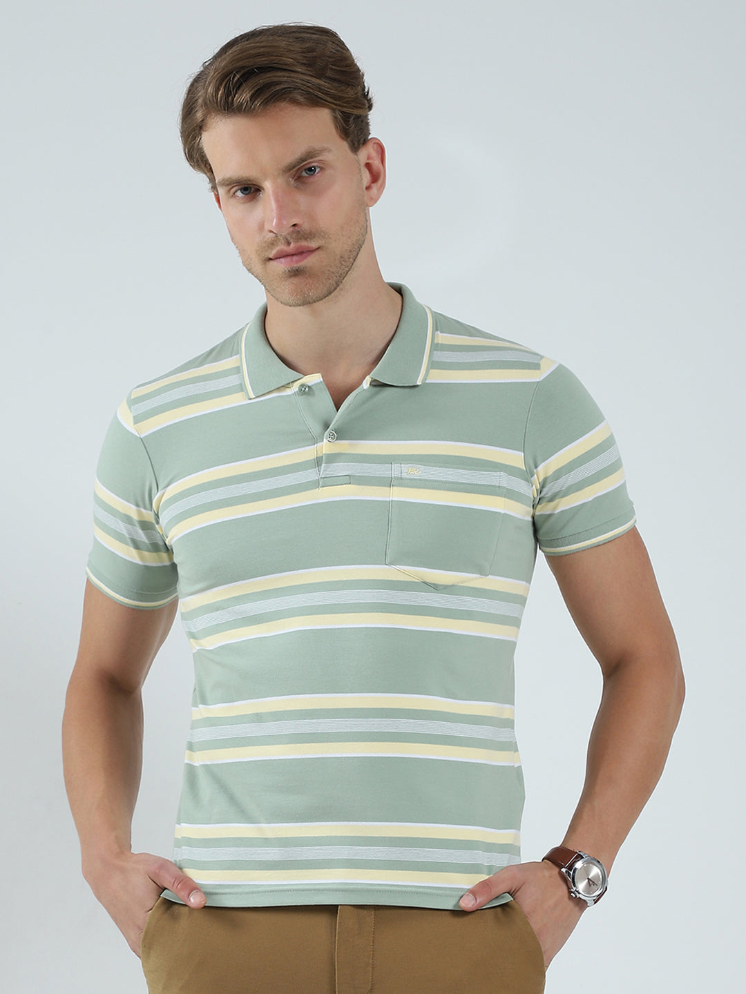 Men Green Stripe Collar Half Sleeve T-Shirt