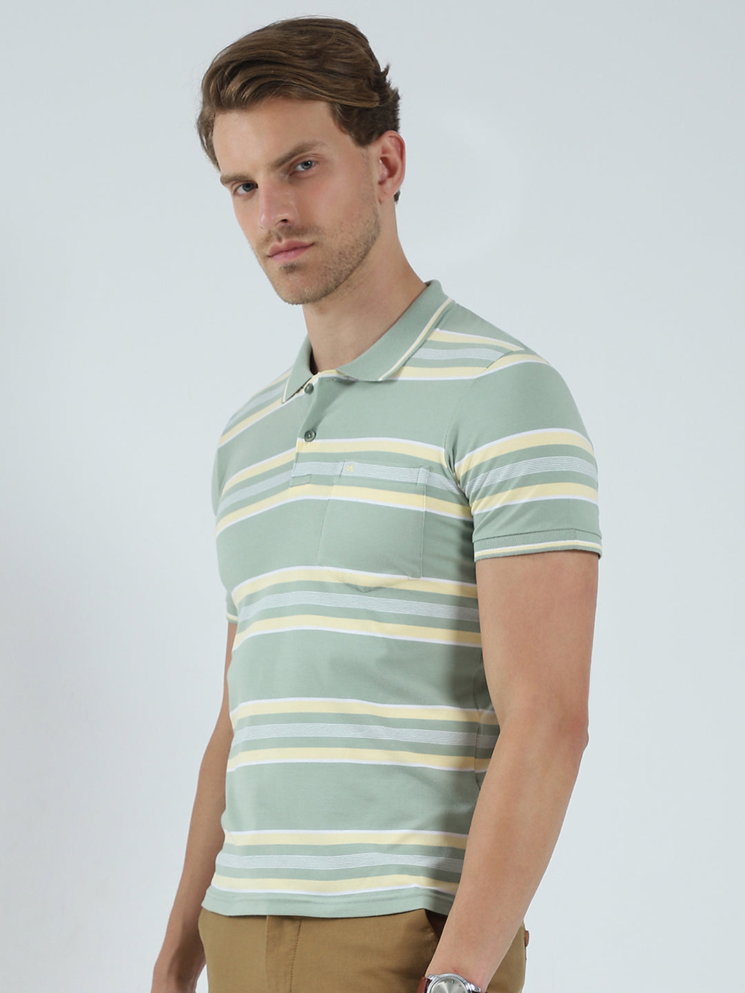 Men Green Stripe Collar Half Sleeve T-Shirt