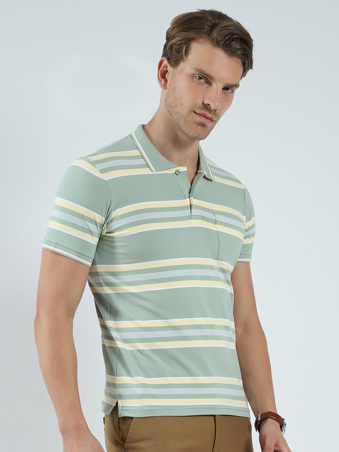 Men Green Stripe Collar Half Sleeve T-Shirt