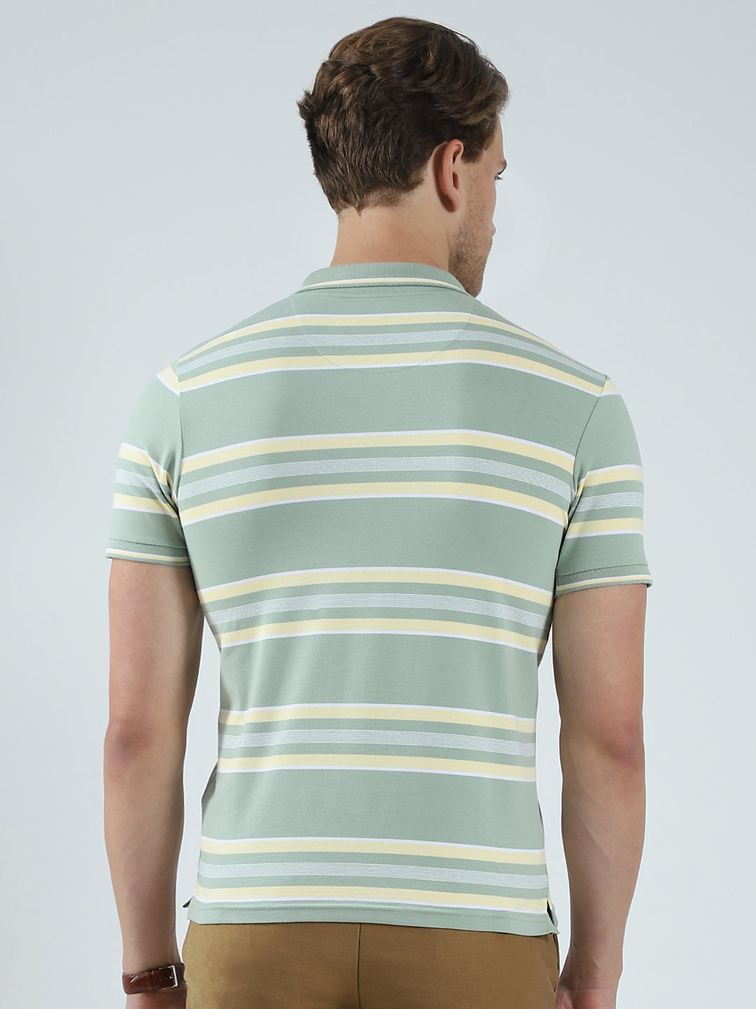 Men Green Stripe Collar Half Sleeve T-Shirt