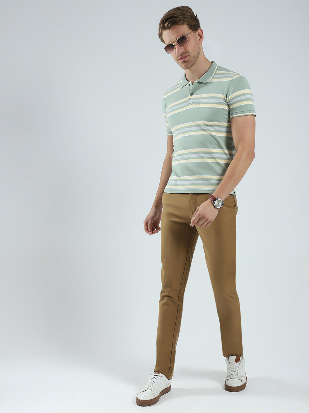 Men Green Stripe Collar Half Sleeve T-Shirt