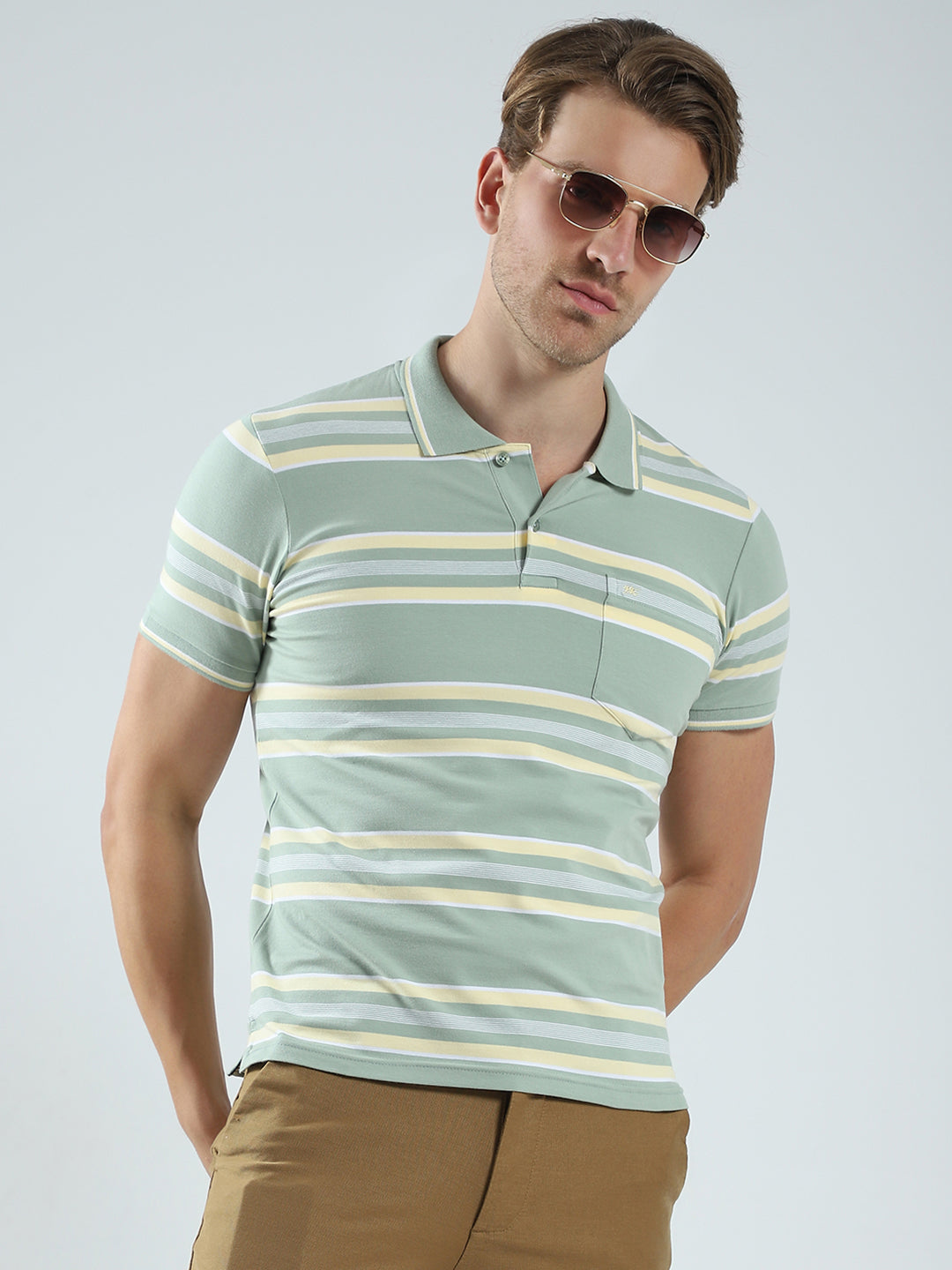 Men Green Stripe Collar Half Sleeve T-Shirt