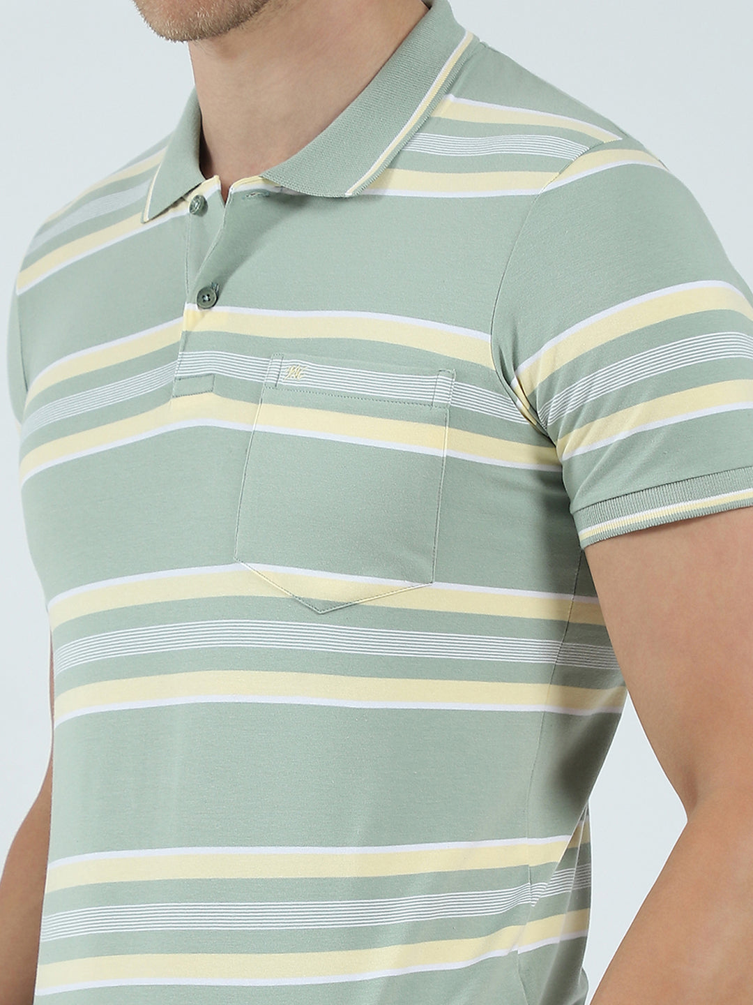 Men Green Stripe Collar Half Sleeve T-Shirt