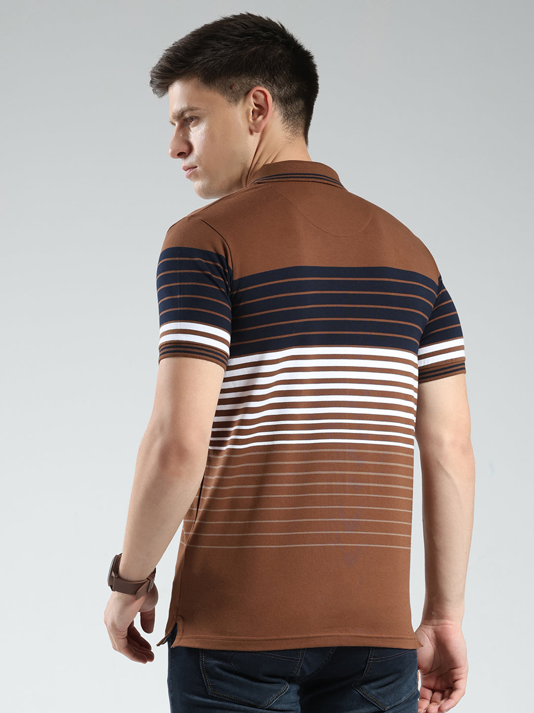 Men Brown Stripe Collar Half Sleeve T-Shirt