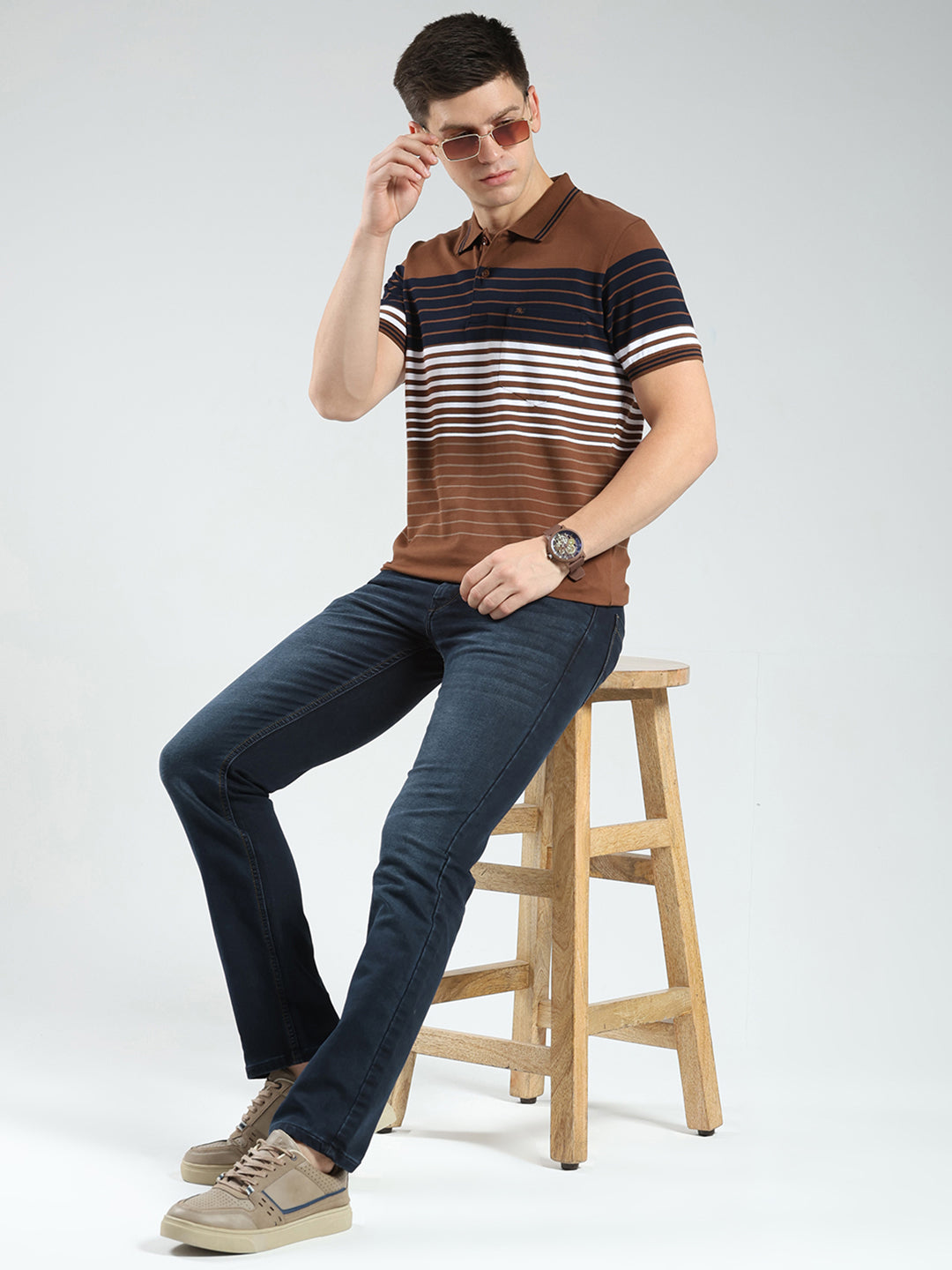 Men Brown Stripe Collar Half Sleeve T-Shirt