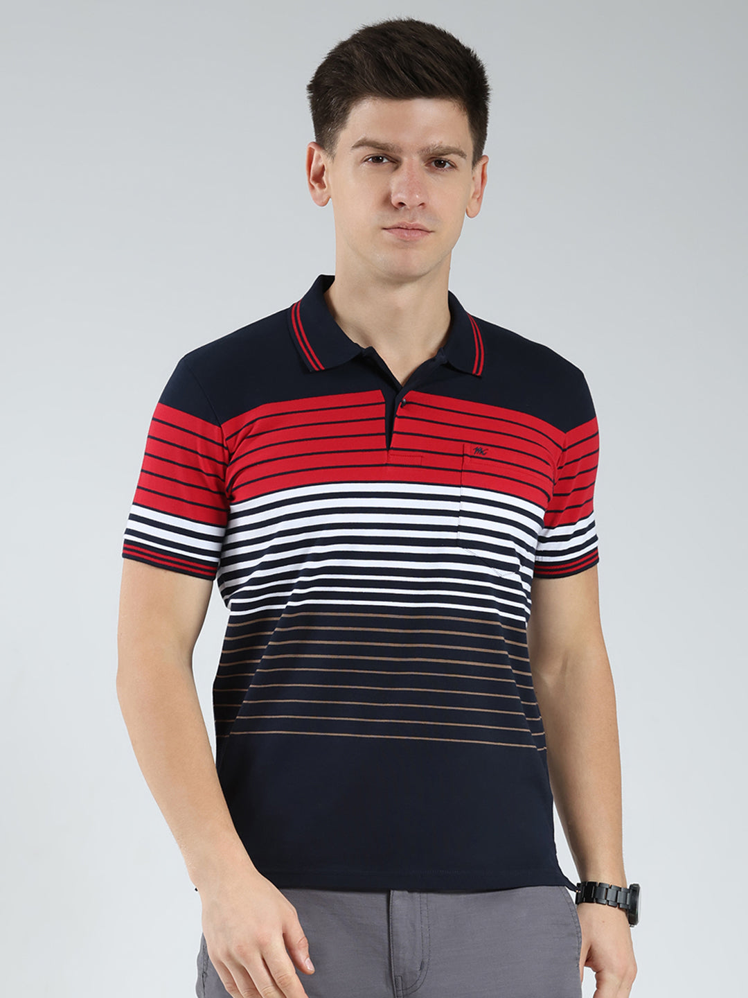 Men Navy Blue Stripe Collar Half Sleeve T-Shirt