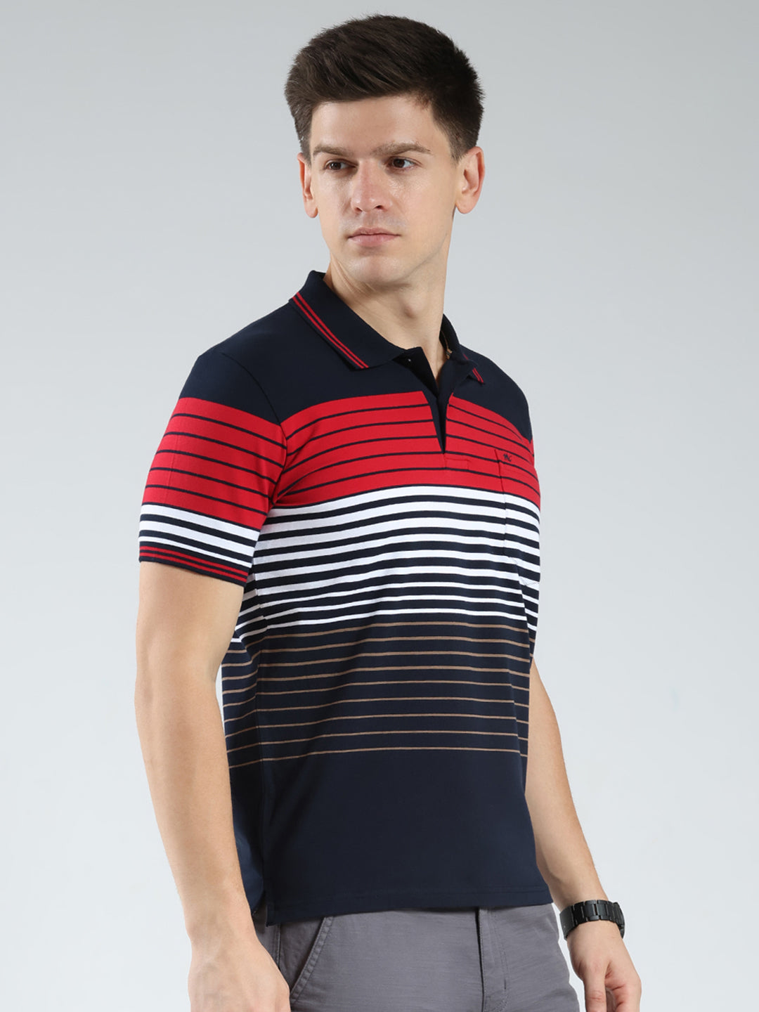 Men Navy Blue Stripe Collar Half Sleeve T-Shirt